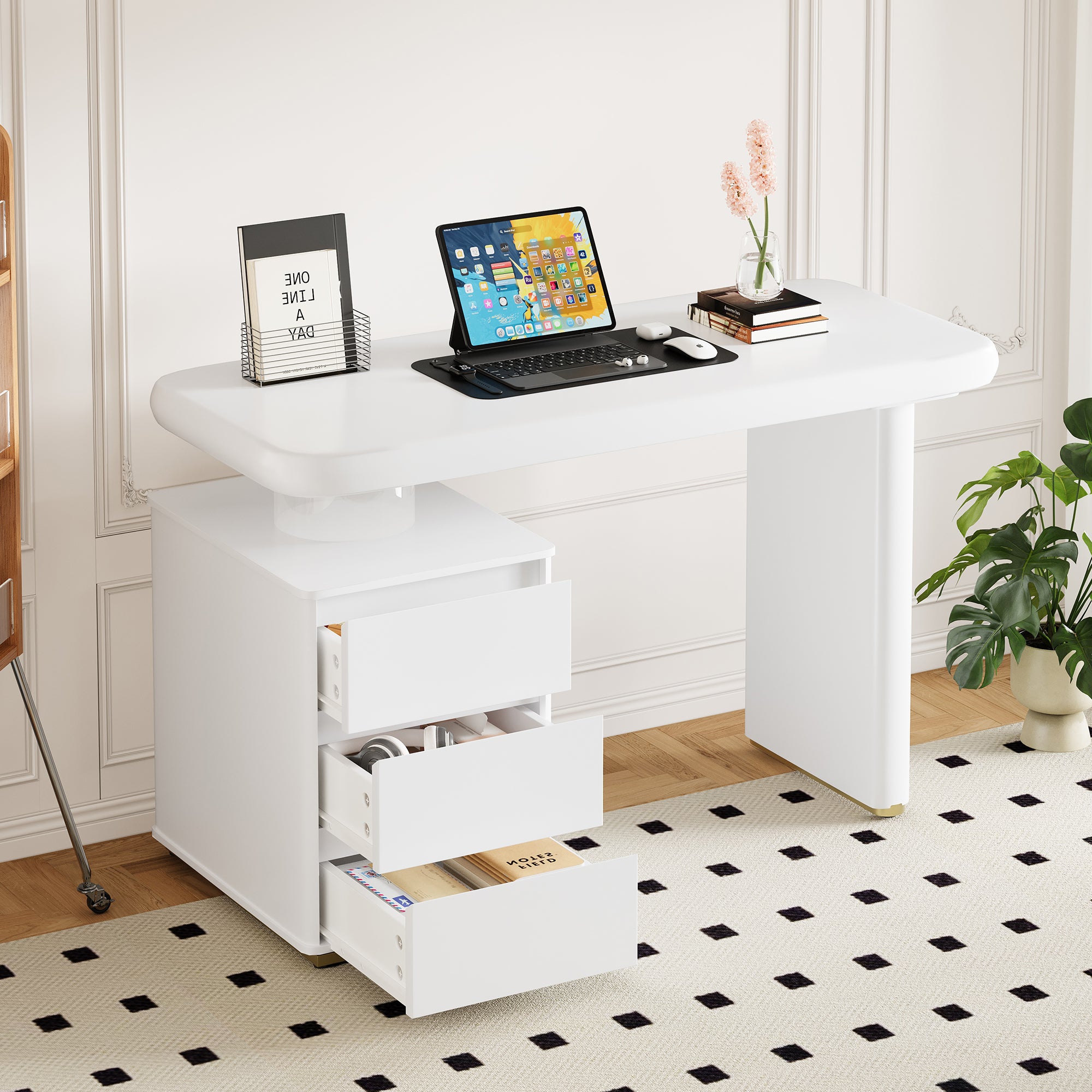 Bureau moderne avec 3 tiroirs - 117 x 50 x 74 cm - MDF - Courbes arrondies et pieds épaissis - Blanc - 2