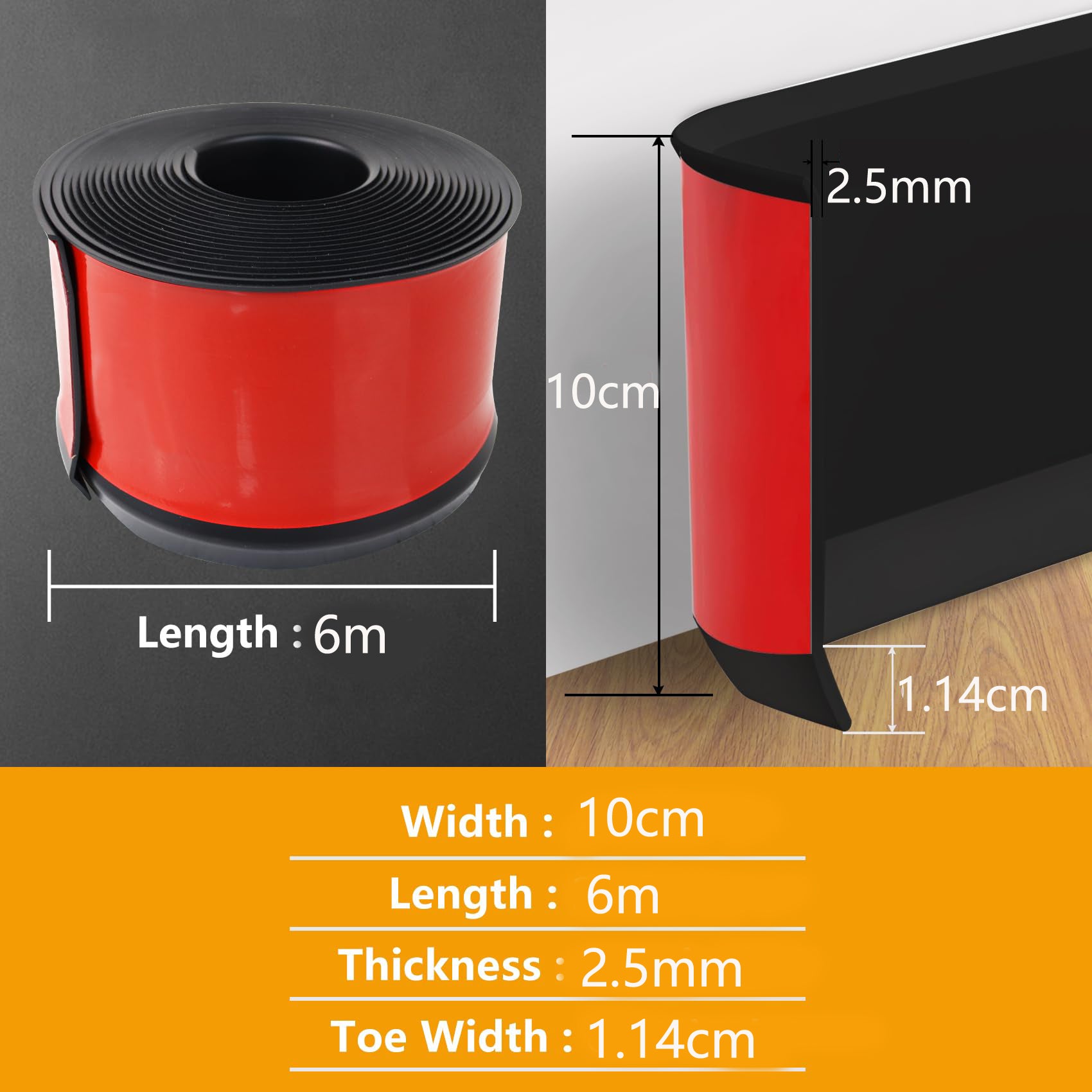 Rodapié Adhesivo De PVC 10cm X 6m - Perfil Angular Gris Para Cocina, Baño Y Salón