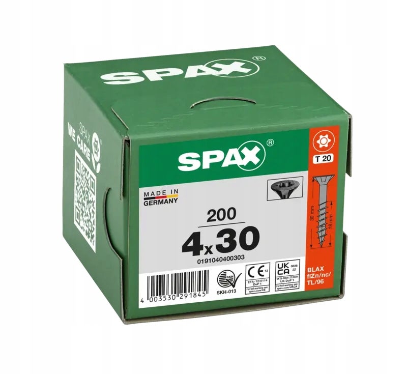 Wkręty do drewna SPAX 4x30mm torx,niepełny gwint,łeb stożkowy,czarne200szt
