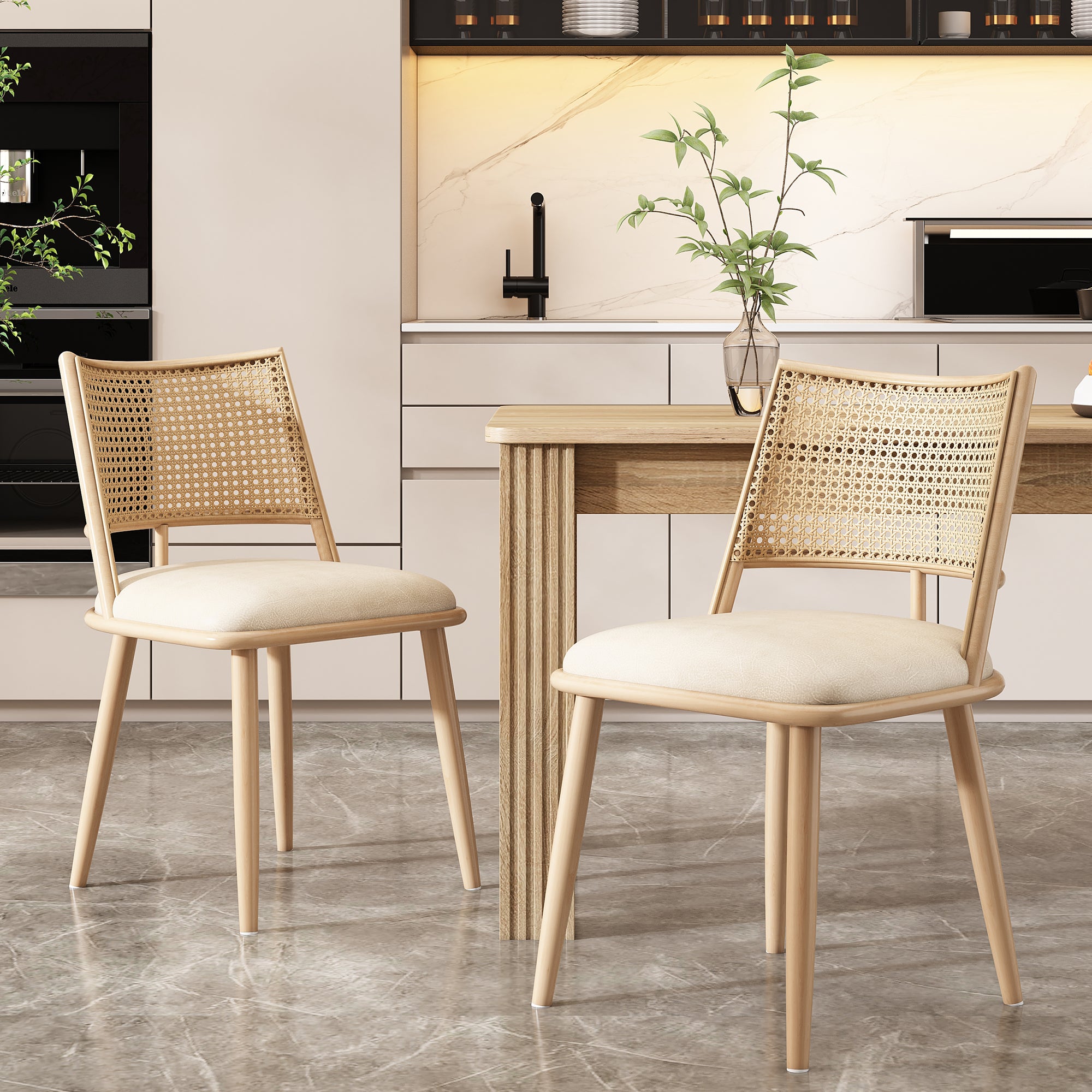 Lot de 2 chaises de salle à manger sans accoudoirs - Siège en cuir PU, dossier en rotin et pieds en métal - 50 x 48 x 80 cm - Beige - 2