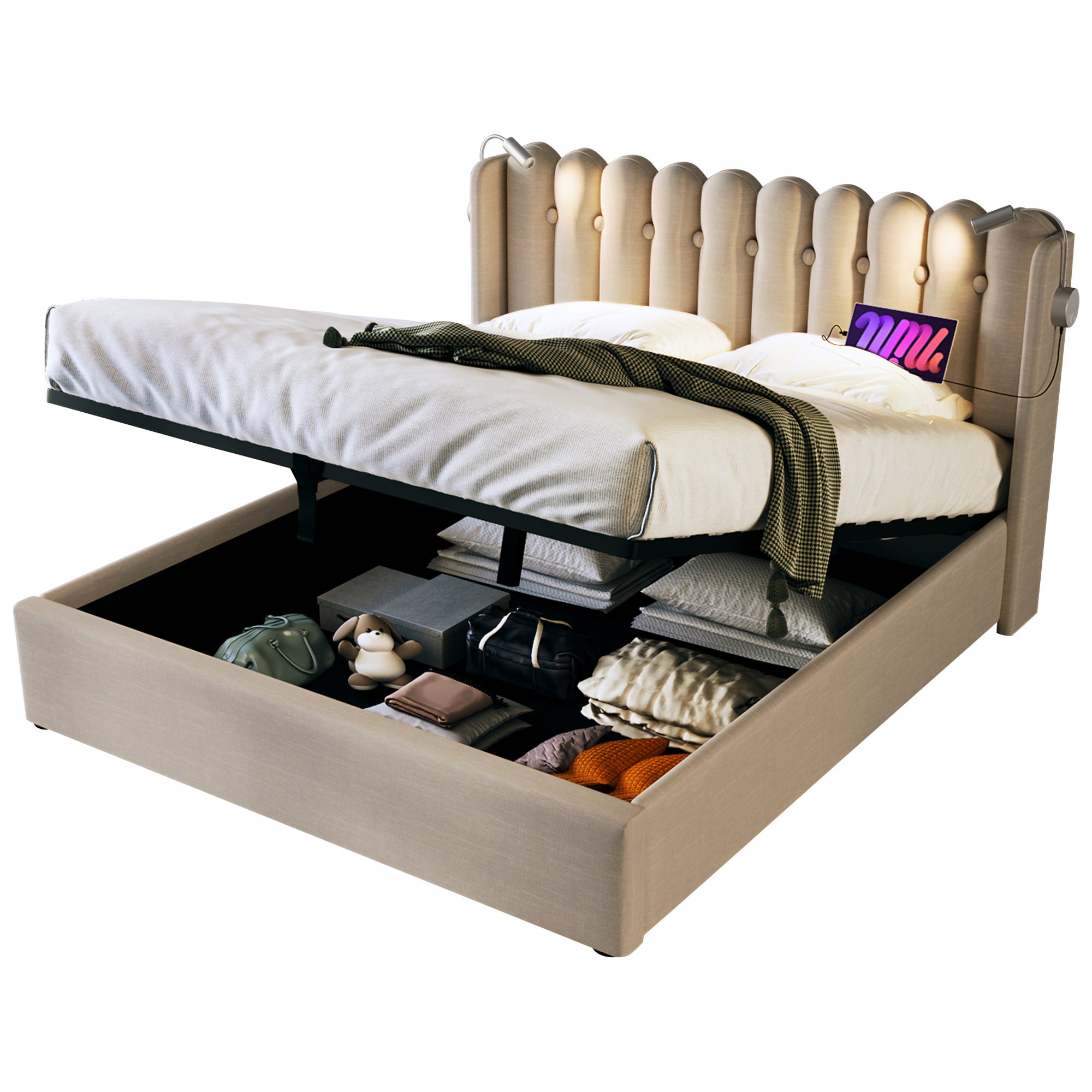 Cama contenedor con cabecero - 160 x 200 cm - lámpara de lectura y toma USB - tela de lino - color natural - 9