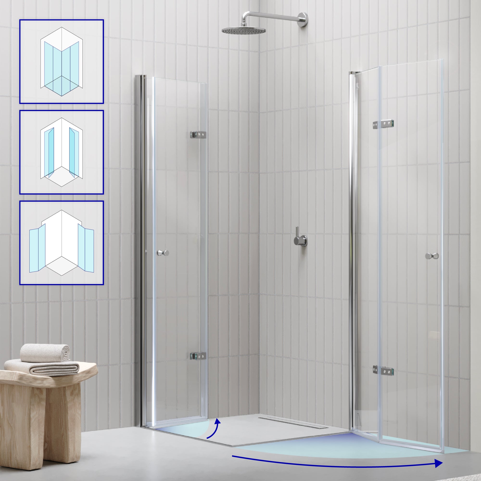 Box Doccia Emma 90x90x180cm, REVERSIBILE, Porte Pieghevoli, Regolazione 88.5-90.5x88.5-90.5cm, Profili Cromati, Vetro Temperato Trasparente 6mm - 2