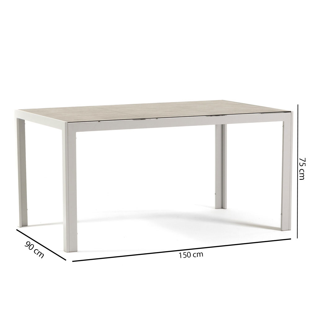 Mesa rectangular 150x90 cm fija con estructura de aluminio y tapa de vidrio decorado Milo para interior/exterior gris piedra/blanco - 4