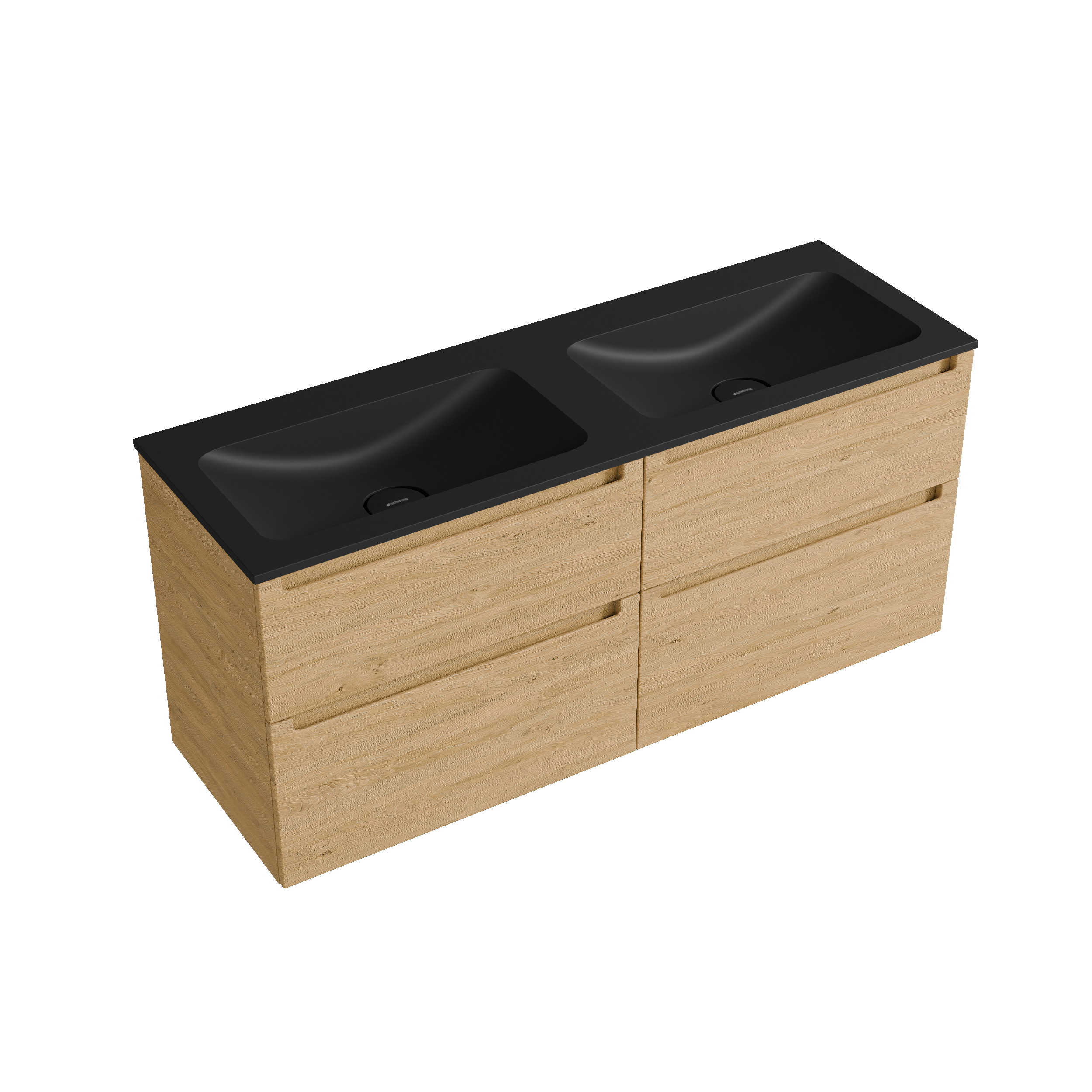 BERNSTEIN - Meuble double vasque suspendu MDF Chêne miel, lavabos fonte Noir mat sans trou robinet, tiroirs pivotants - 120x46x62cm - VIREO - 4