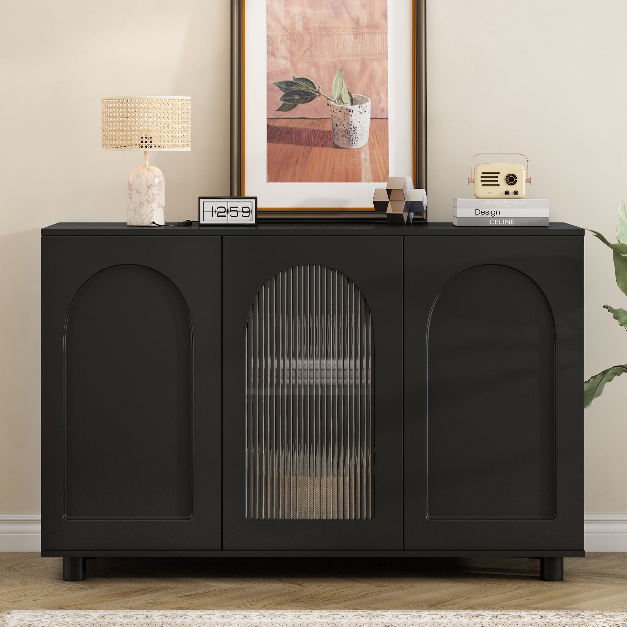 Buffet bas avec 3 portes - 120 x 40 x 78.5 cm - MDF + panneau de particules - pour salle à manger - Noir - 2