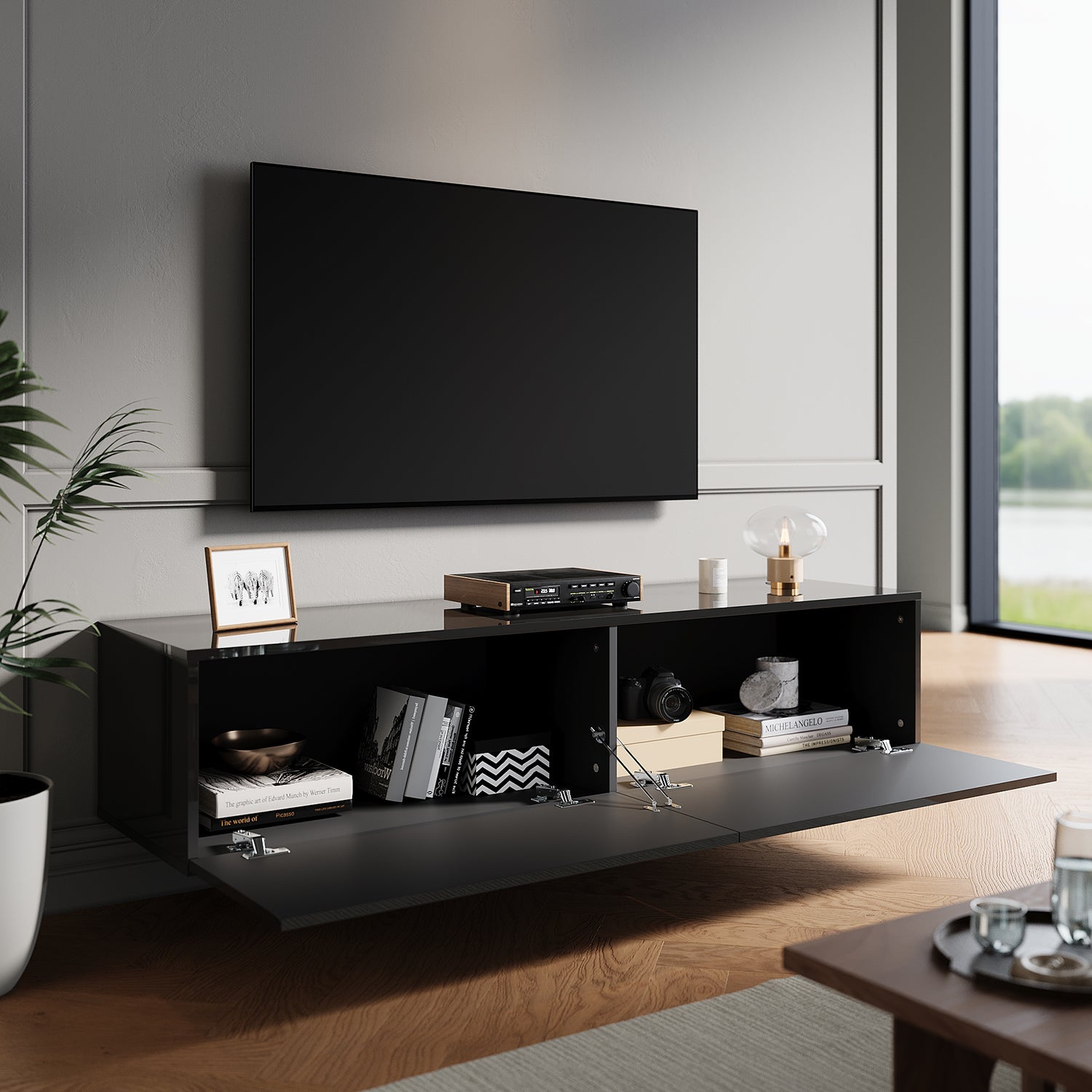 SIRHONA Meuble TV Grand Rangement Moderne Sans Poignées + 2 Portes + Noir + 140 cm - 2