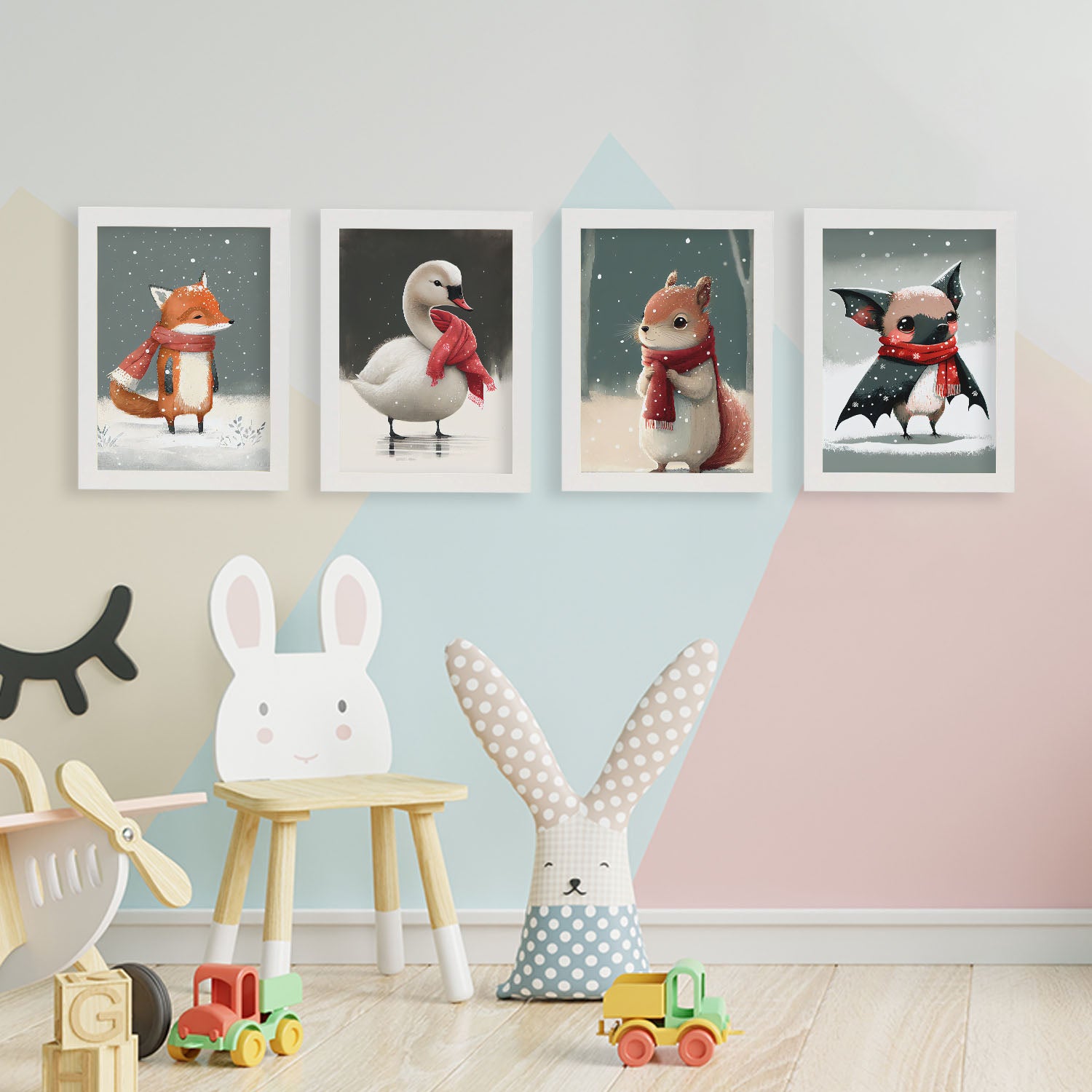 Bebé murciélago zorro ardilla cisne animales. estampados de arte de pared estético para el diseño de dormitorio o sala de estar marco blanco - a4