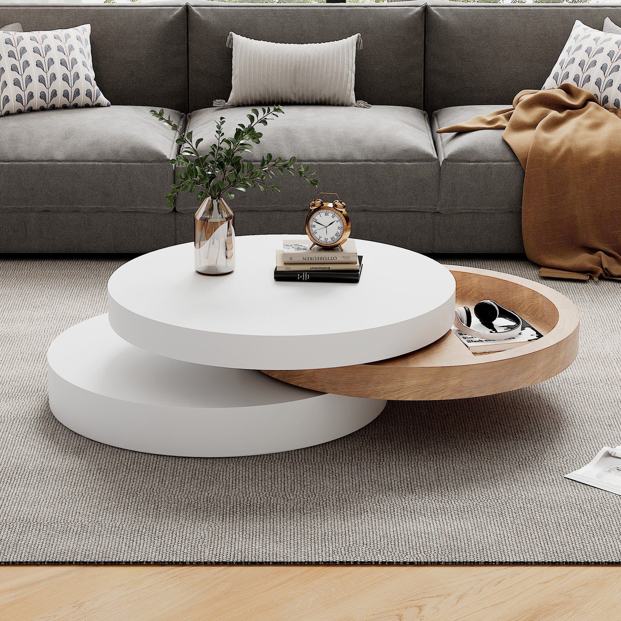 Table basse ronde pivotante 60 x 60 x 35,1 cm avec plateau rotatif 360°, rangement intégré, 3 niveaux, blanc et bois naturel - 4