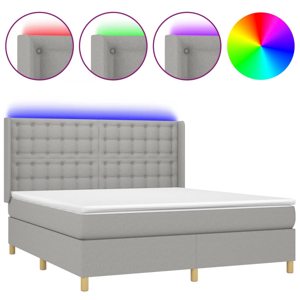 Lit boxspring avec matelas et lumières LED, tissu gris clair, 180x200 ...
