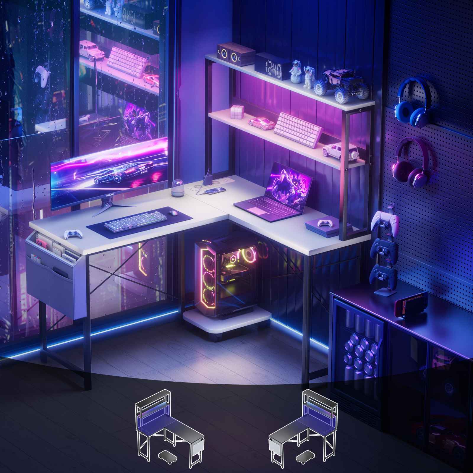 Scrivania ad angolo a L 135 cm per gioco e lavoro con LED, prese ...