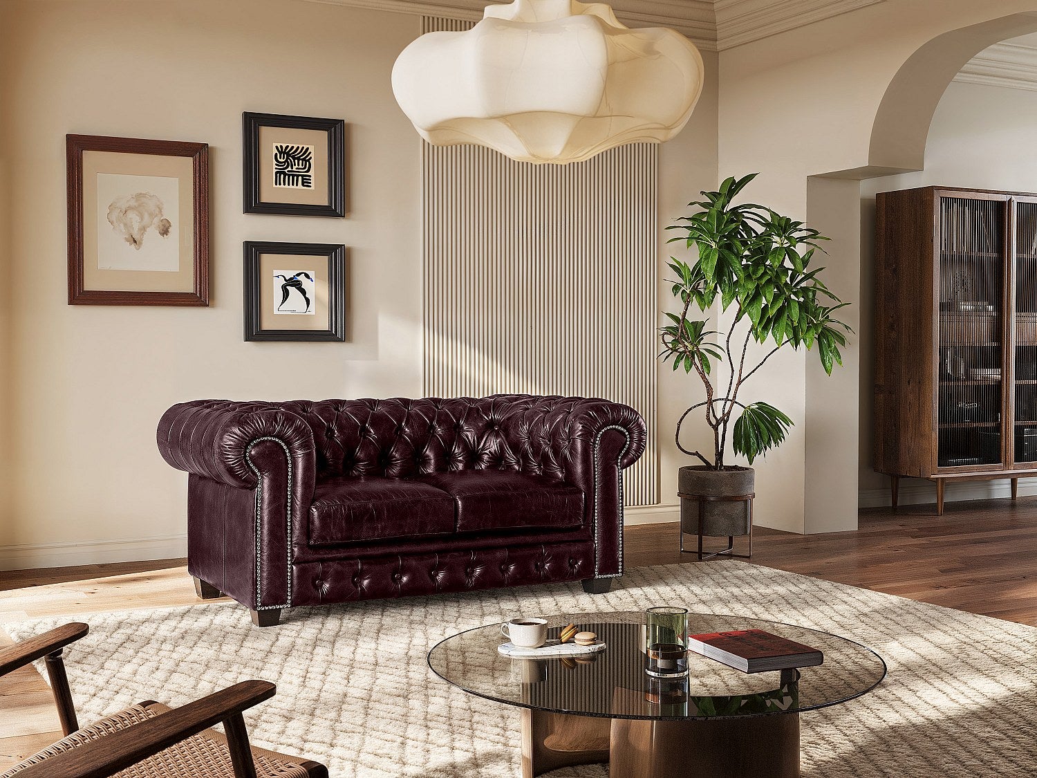 Kanapa 2-osobowa chesterfield BRENTON 100% skóry bawolej - Kolor: cherry