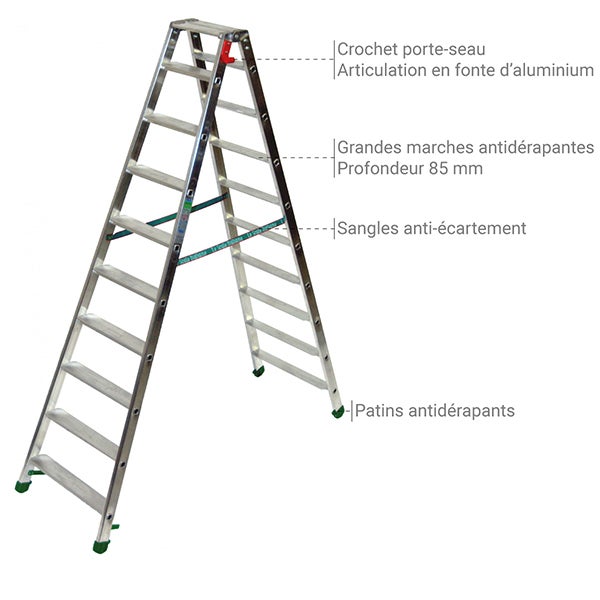 FACAL - Échelle Double Aluminium Marches Plates Dupla - Hauteur de 1m à 3m - 2x5 marches - 3
