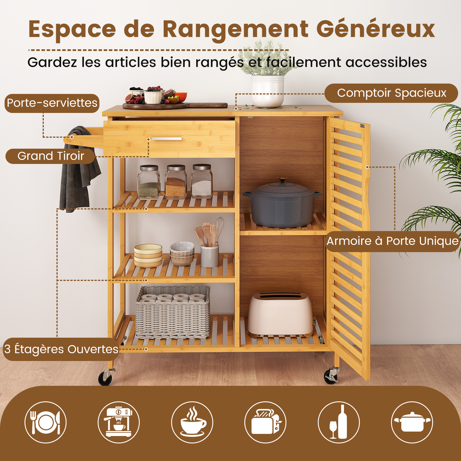 Desserte de Cuisine Roulant en Bambou avec Tiroir, 3 Étagères Ouvertes, 1 Armoire à Porte, Porte-serviettes, Roulettes Verrouillables, 91 x 44 x 89 cm - 5