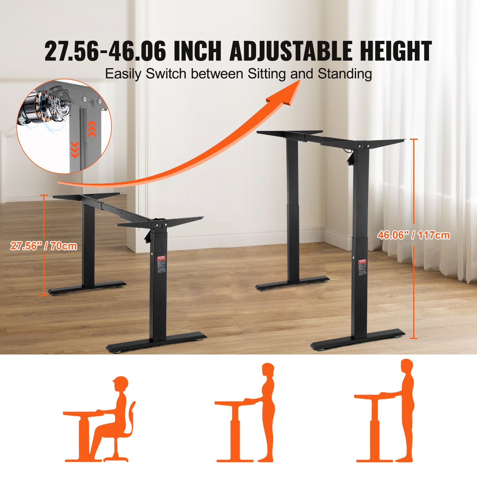 Cadre de bureau debout,hauteur réglable VEVOR 70-117 cm,pieds de bureau d'ordinateur électrique,longueur 90-135 cm,base de poste de travail noir - 4