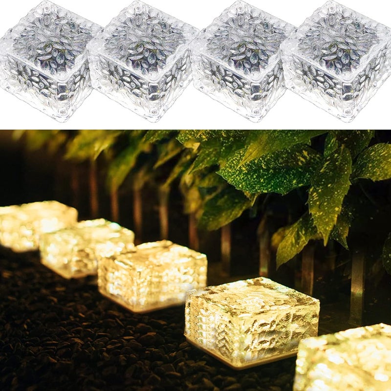 4 sztuki ciepłych białych cegieł solarnych z PVC z czujnikiem światła, oświetlenie solarne włączane/wyłączane na ścieżki ogrodowe, podwórko, patio