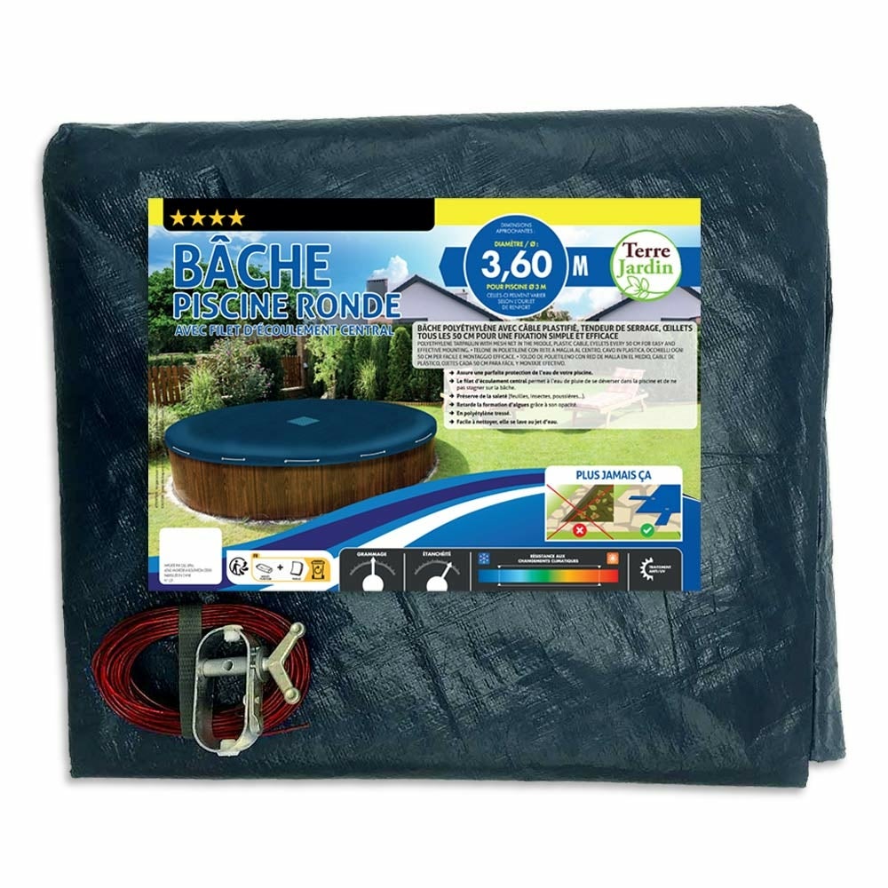 Bâche Piscine Ronde 6.2 m, 140 g/m² - Bache Hivernage Piscine Hors Sol - Filet d'Écoulement 35 x 35 cm, Cordon de Serrage - Pour piscine 5.40 m - Bleu - 6