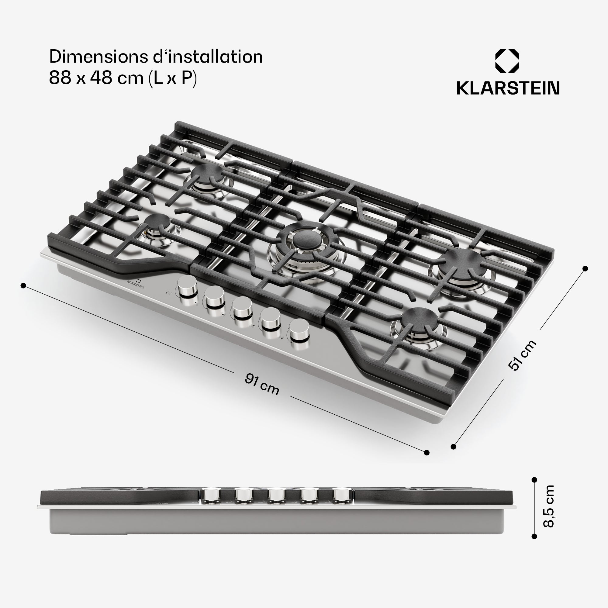 Klarstein Turbocast Plaque de cuisson à gaz 91cm 5 brûleurs Acier inox 304 Support pro en fonte Brûleur wok Inox - 7