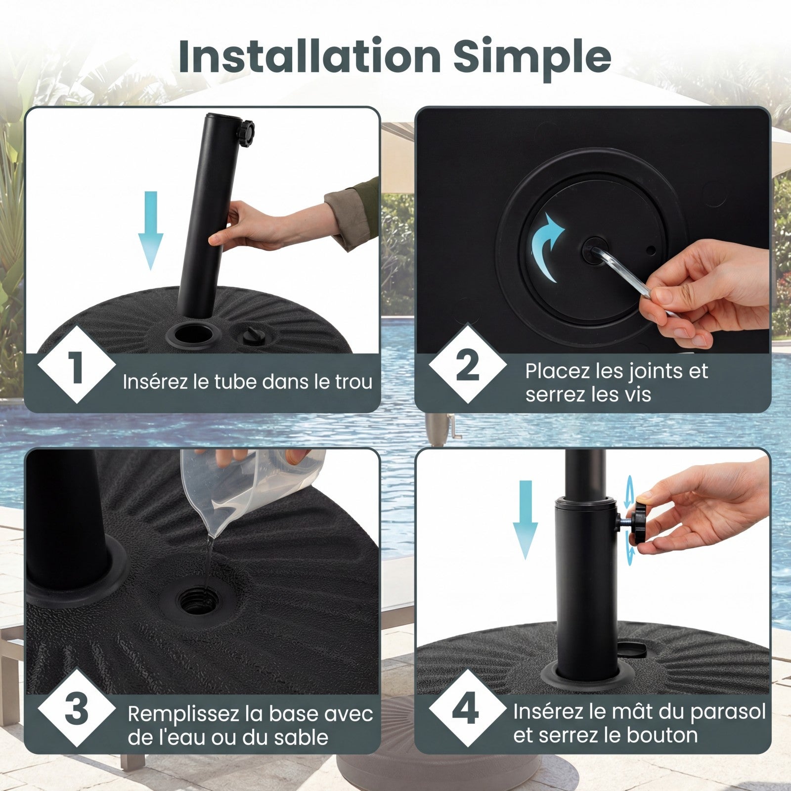 Base pour Parasol Rond 51 cm, Diamètre du Mât jusqu'à 38, 48 mm, Support pour Parasol Remplissable d'Eau et Sable avec 2 Raccords, Porte-mât en Métal - 7
