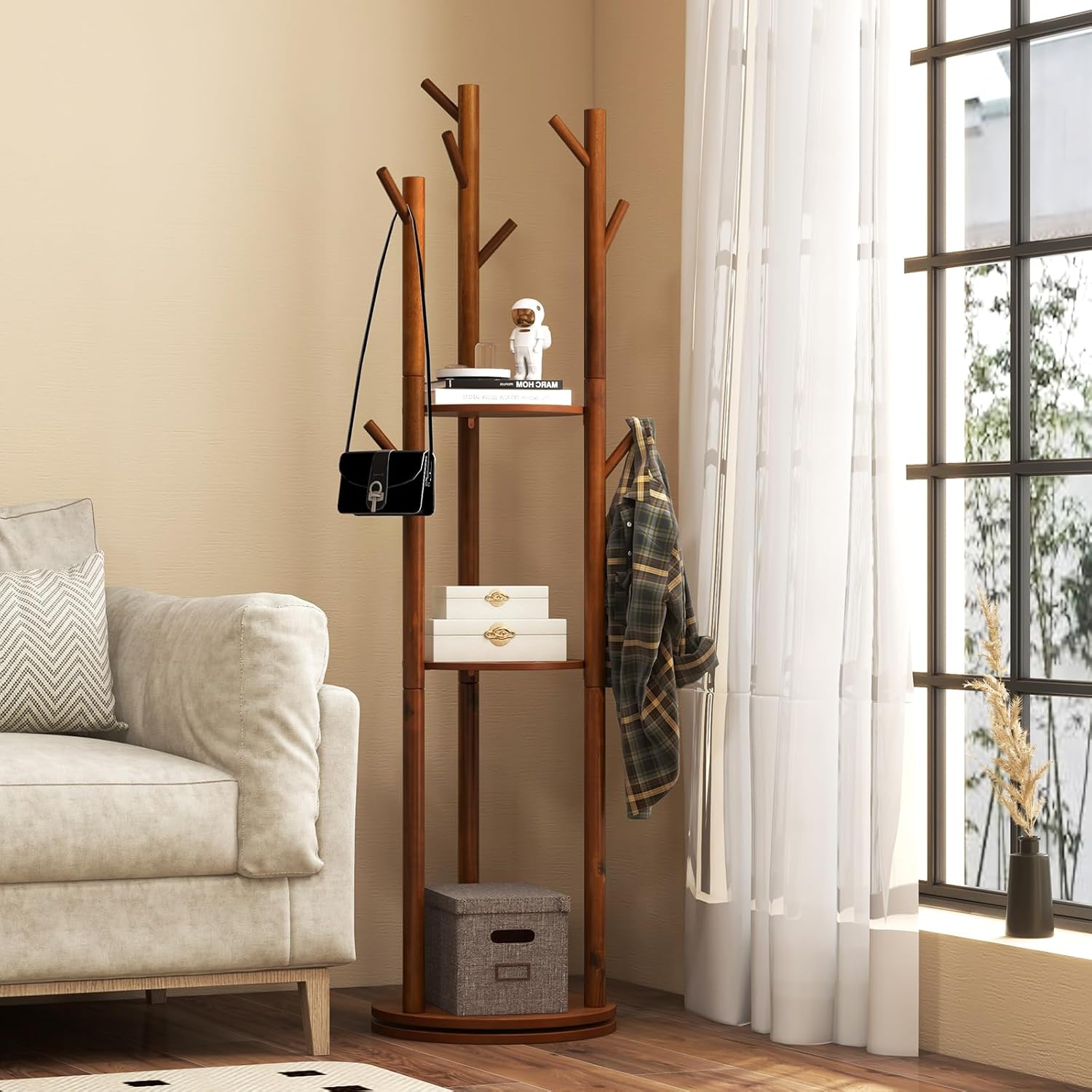 Porte Manteaux sur Pieds Rotatif en Bois, 9 Crochets, 3 Etagères, Portant à Vêtement 176CM pour Entrée, Couloir, Chambre, Base Ronde - 7