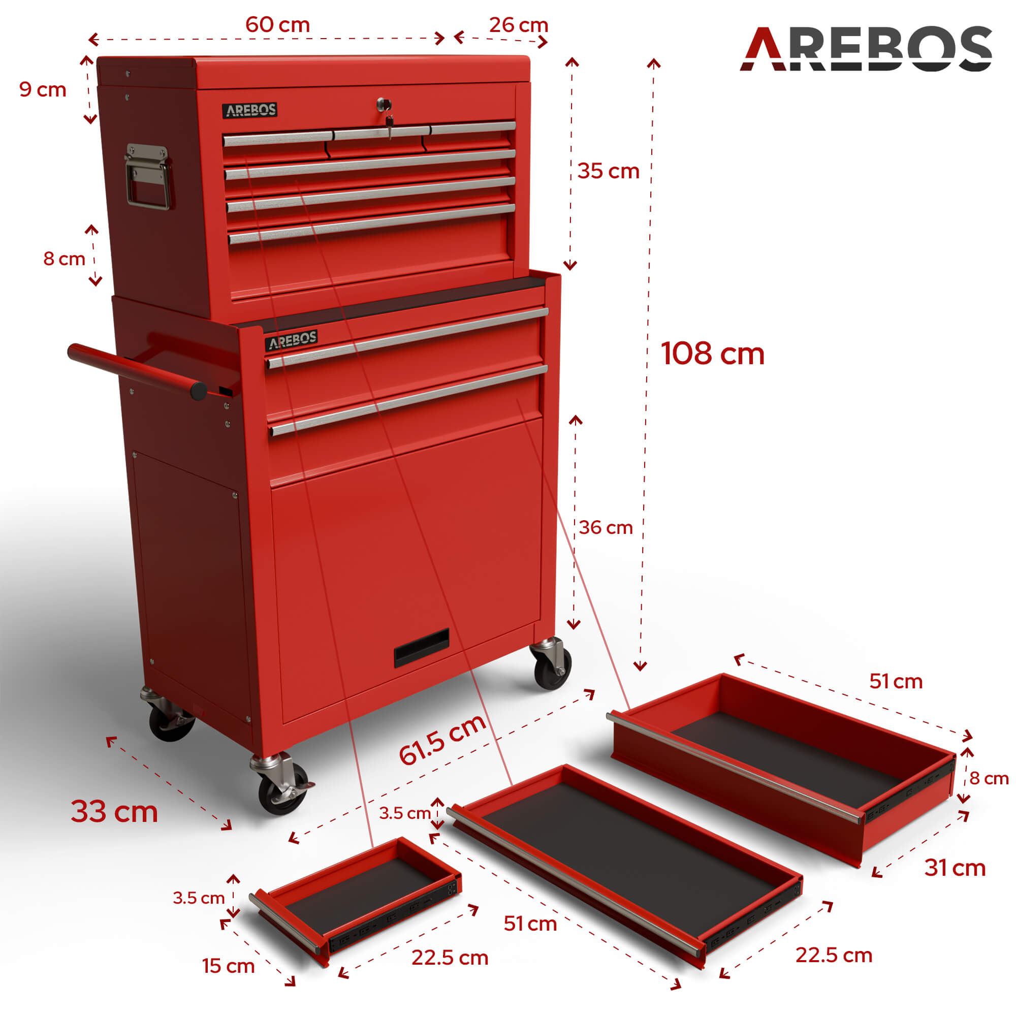 AREBOS Servante d’atelier 9 tiroirs Rouge – Coffre à outils mobile verrouillable, acier robuste, tiroirs à roulements à billes, roues freinées - 9