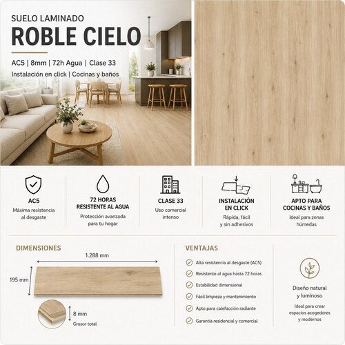 Arquiservi® - Sol Stratifié Chêne Ciel Plancher Flottant AC5 8 mm - 15 Cartons (28,48 m²)