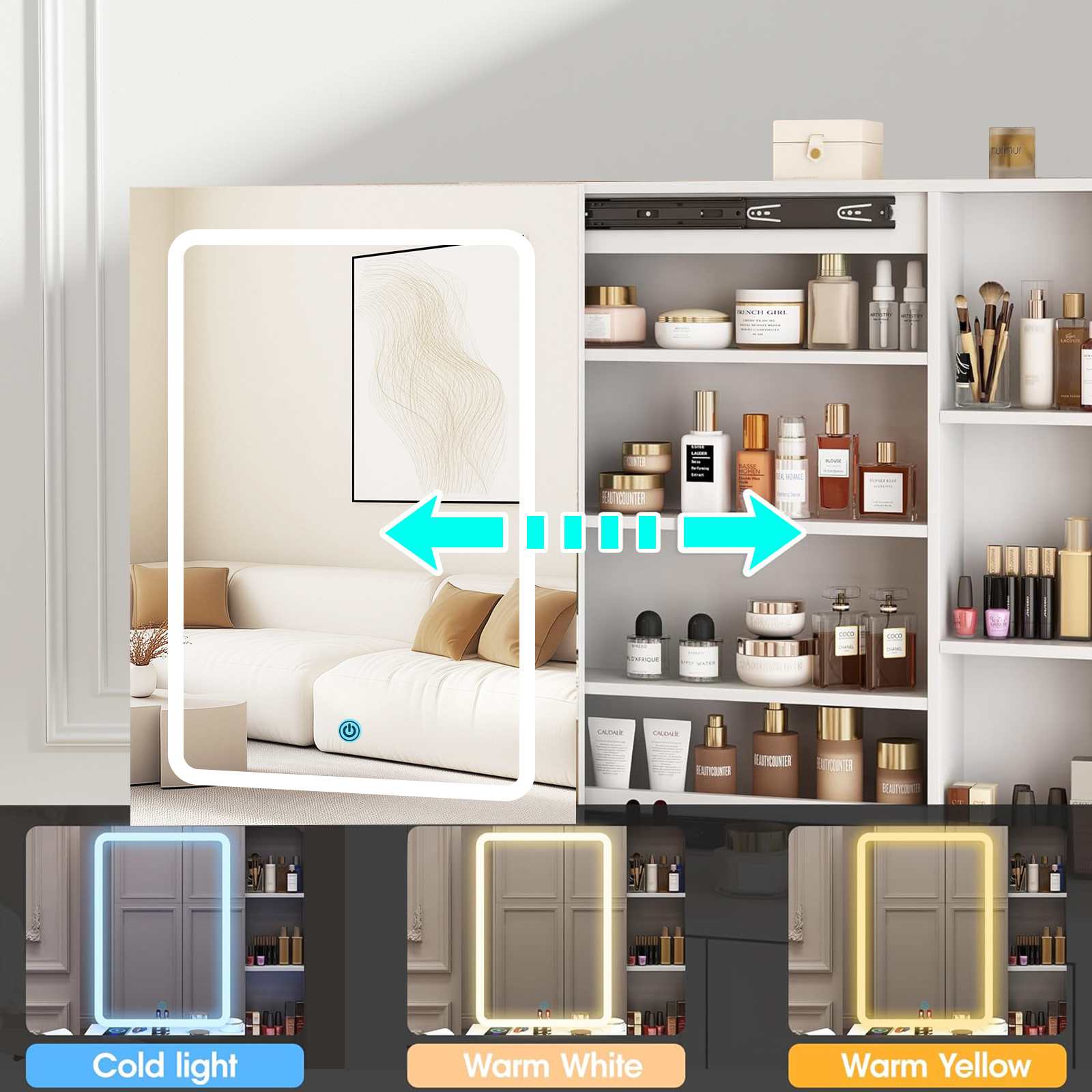 Coiffeuse multifonction avec miroir LED coulissant, rangement bijoux intégré, 5 tiroirs et tabouret rembourré - 5