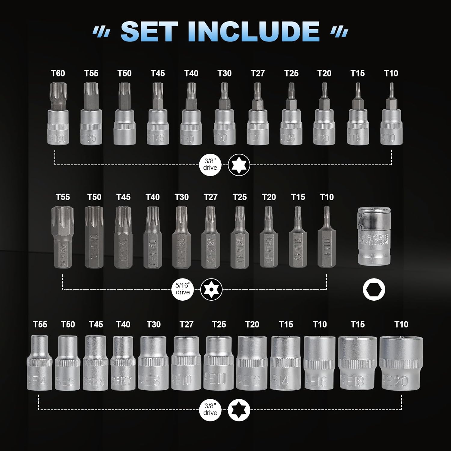 34 Pièces Coffret Douilles Torx Femelle, Torx Intérieur et Extérieur E4-E20 3/8'', T10-T60 3/8'', Torx Bit T10-T55 5/16'' - 2