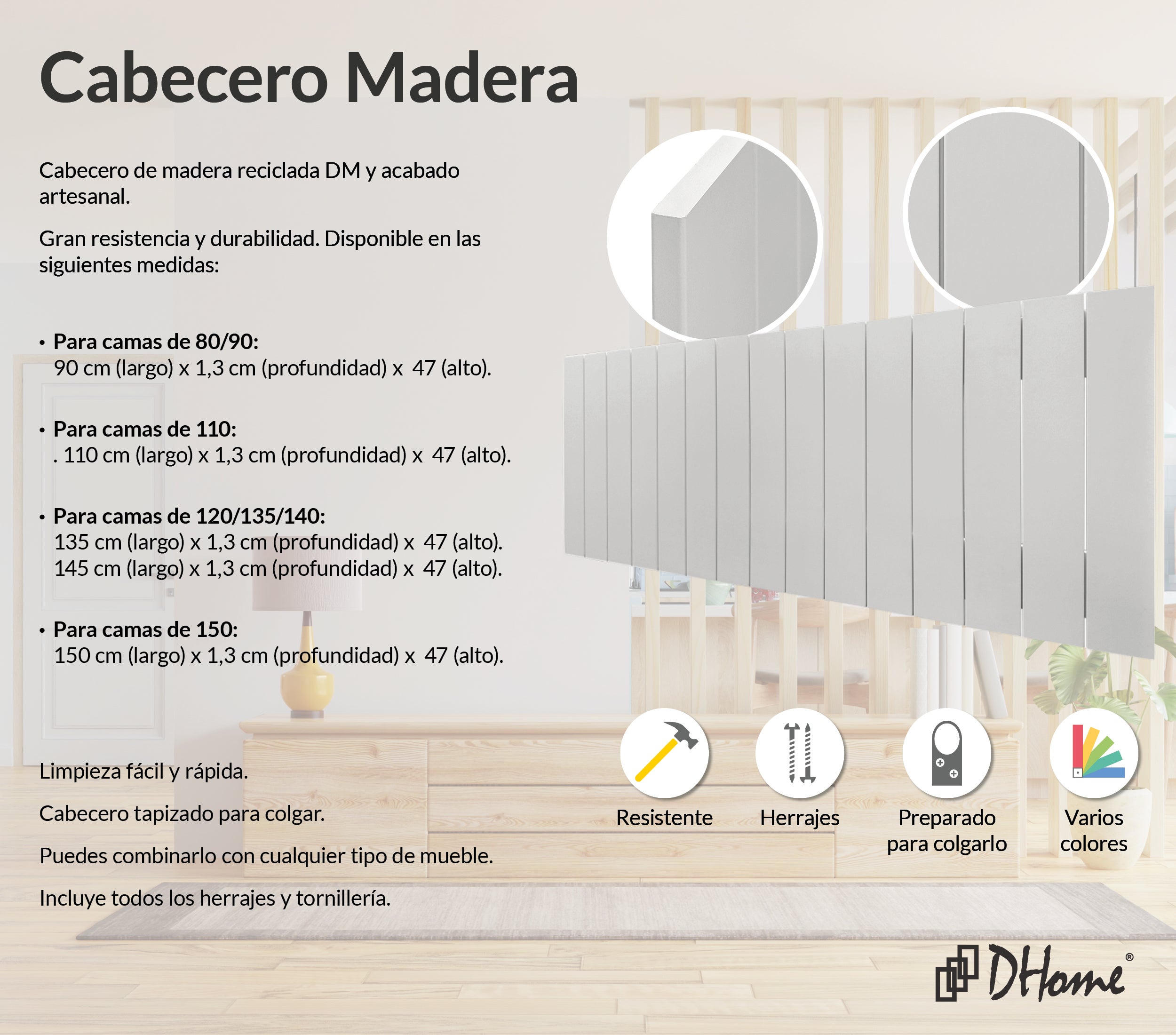 DHOME Cabeceira de Madeira reciclada em MDF Estilo Palete Vertical 150x46 Camas 150 - Branco Sólido - 2