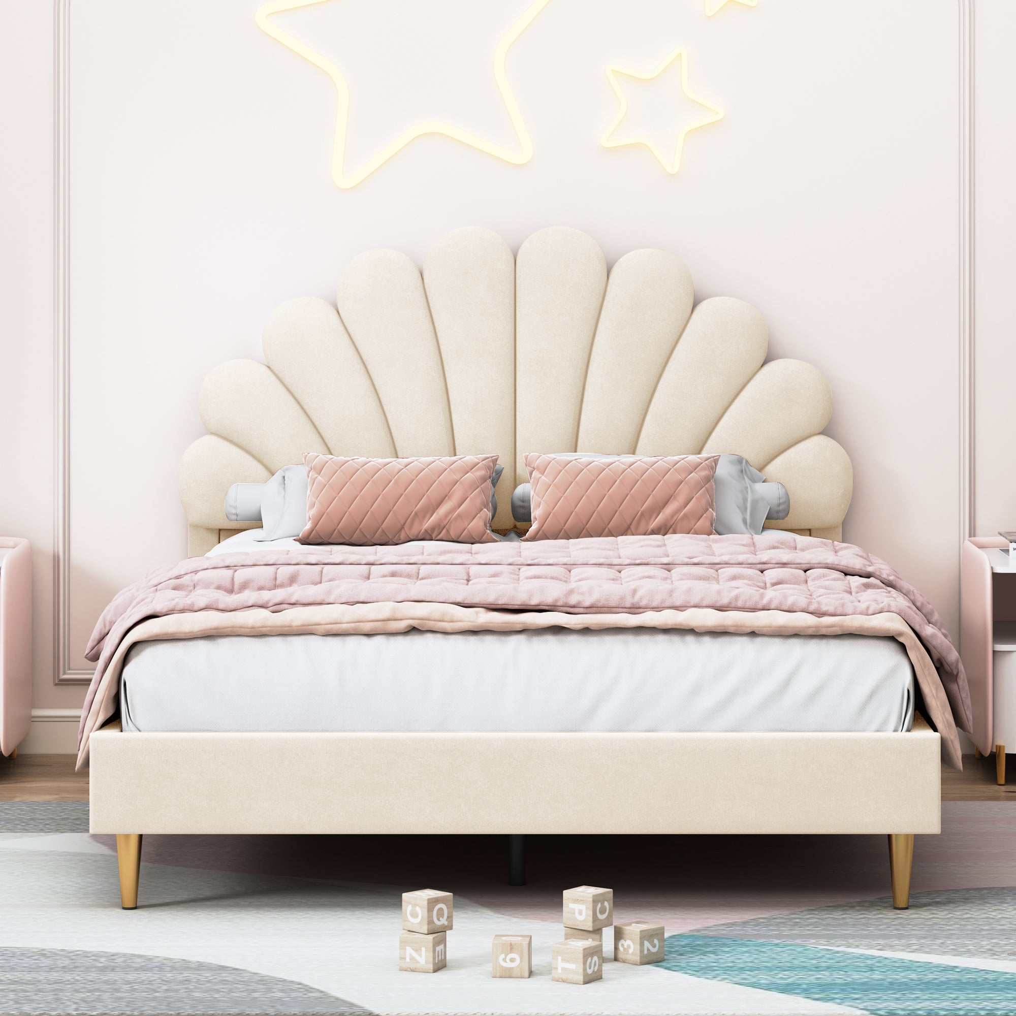 Lit 140x190 cm avec sommier à lattes, COZY, forme de pétale, cadre de lit double, lit enfant, tissu en velours, 140x190 cm, beige - 2