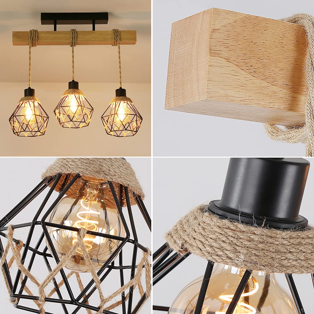 Lustre vintage, suspension à 3 têtes, plafonnier rustique, suspension en métal, éclairage d'îlot, hauteur réglable, 55 cm - 6