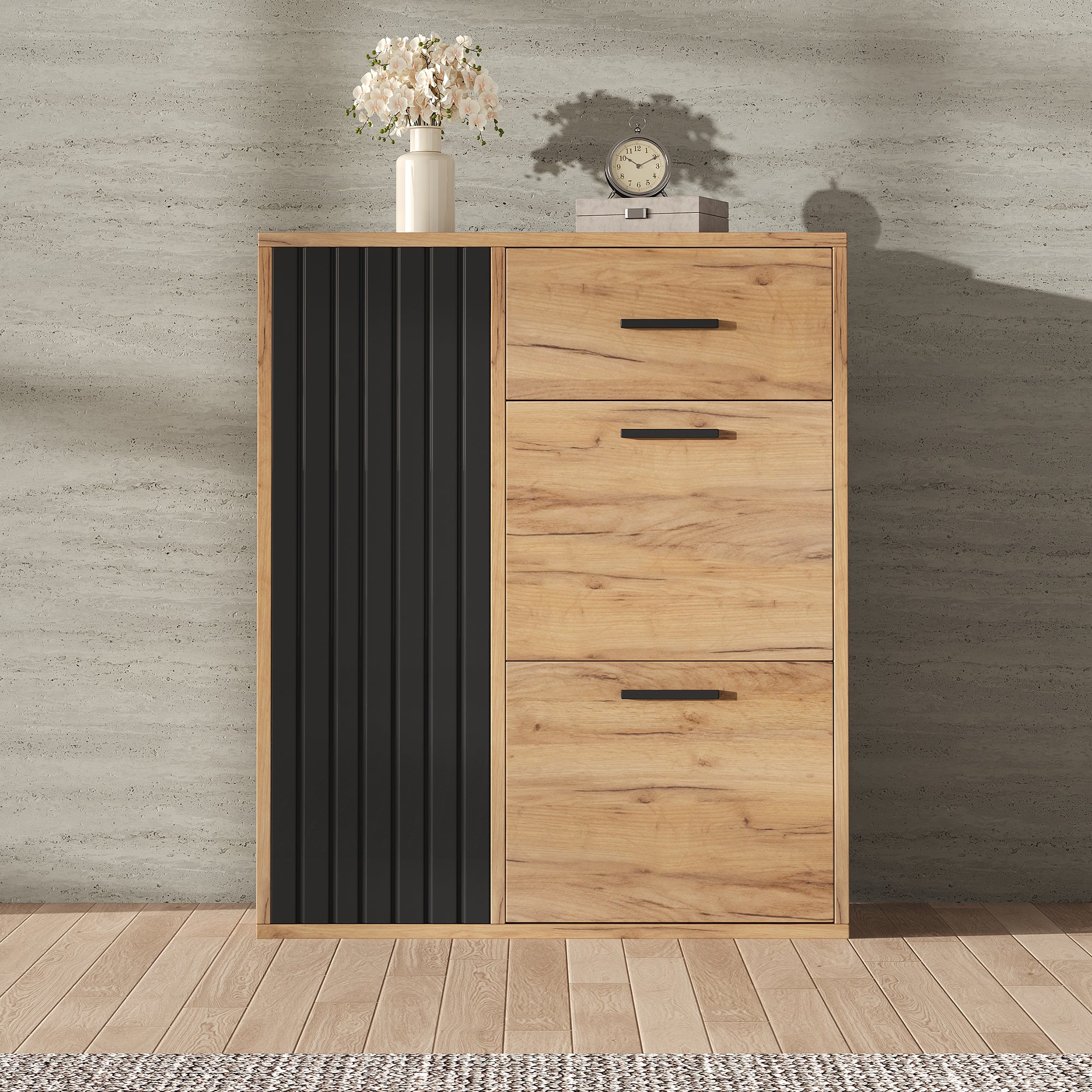 Szafka na buty z 3 drzwiami i 1 szufladą - 80 x 24 x 95,5 cm - Płyta wiórowa - Naturalna + czarna