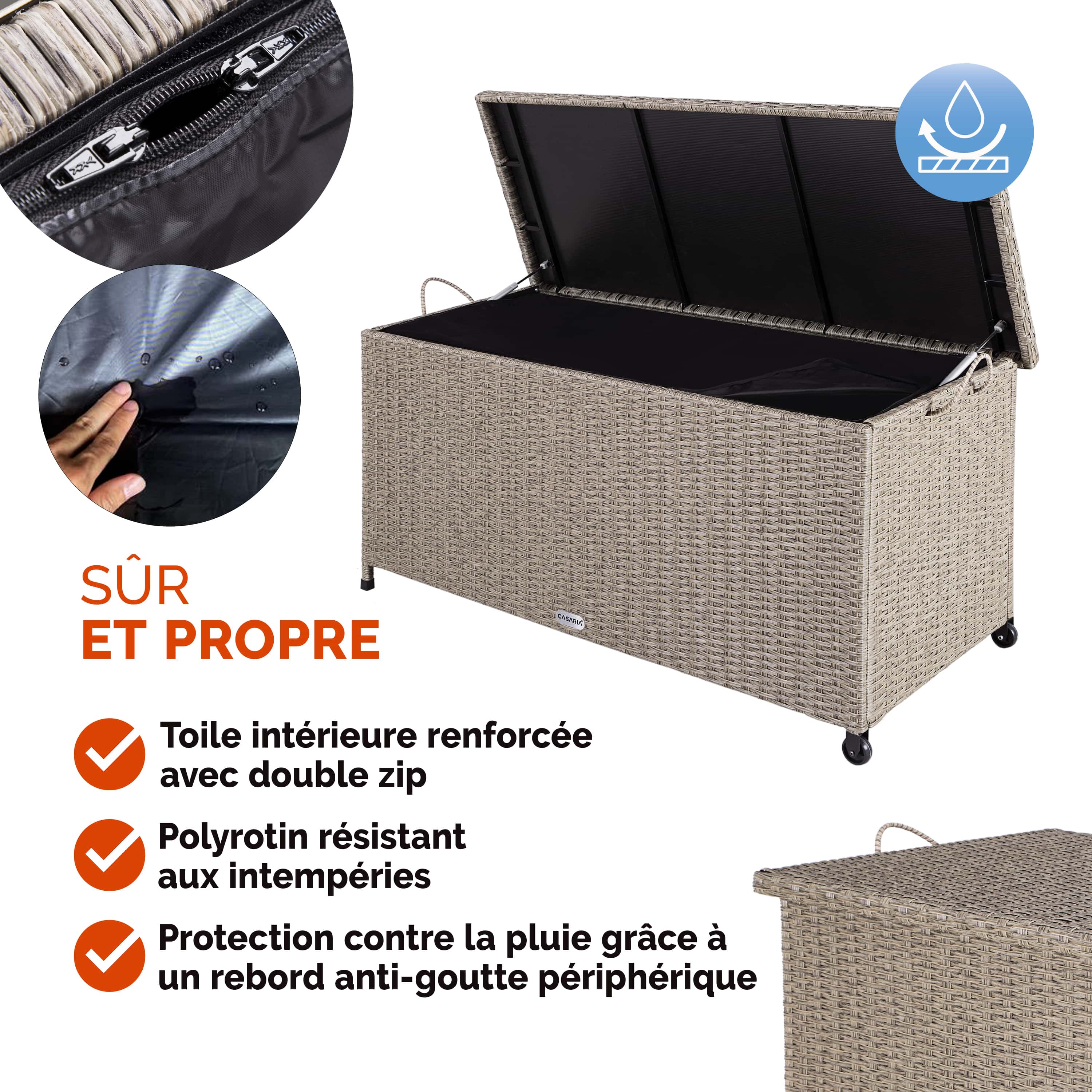 CASARIA® Coffre de jardin extérieur XXL Crème Coffre de rangement avec roulettes 270 L étanche Vérin à gaz 117x53x60 cm pour terrasse ou jardin - 3