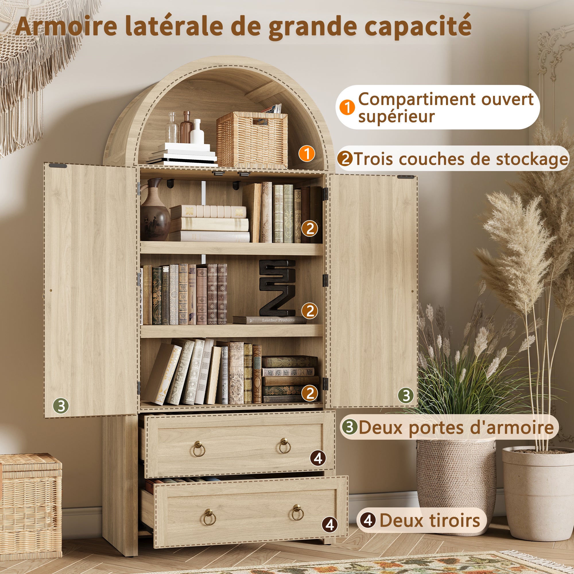 LEMONBEST Meuble de rangement décoratif en osier style voûté - Buffet vintage à 2 tiroirs pour séjour/chambre - 80x40x180cm - couleur bois naturel - 7