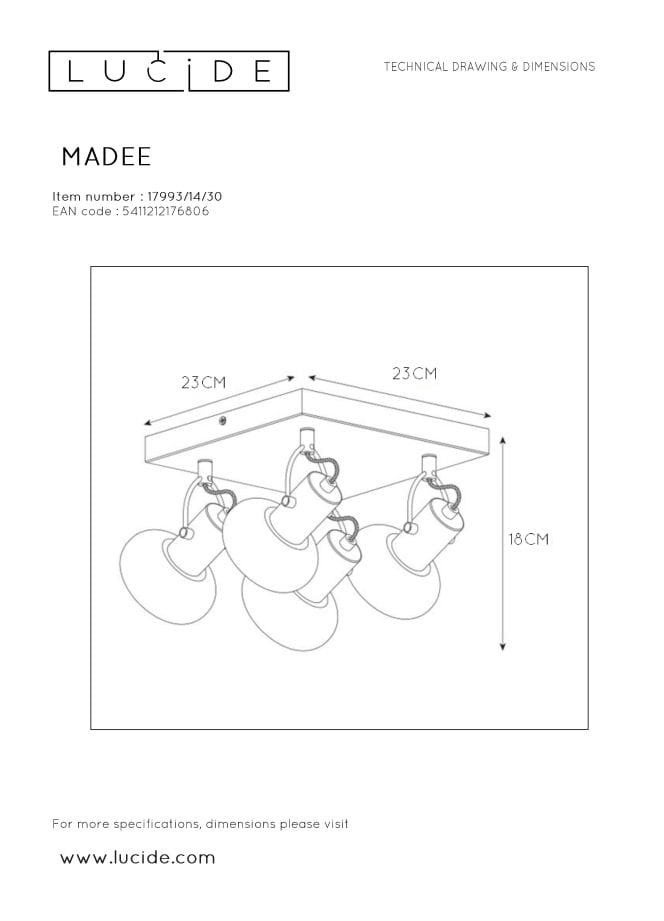 Spot plafond MADEE - Noir - 4xE14 - Lucide - 6