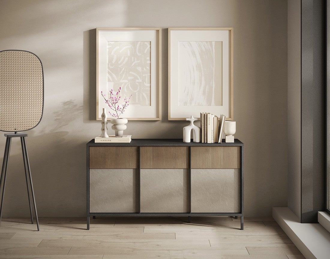 Buffet Bas Interior's 3 Portes - Bois Massif Gris - 130x53x72 Cm
