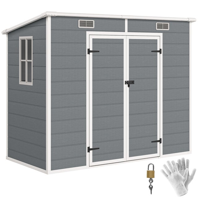 Abri de jardin 2,4 x 1,3 m, en plastique avec plancher, fenêtre et portes verrouillables, pour jardin ou terrasse, gris.