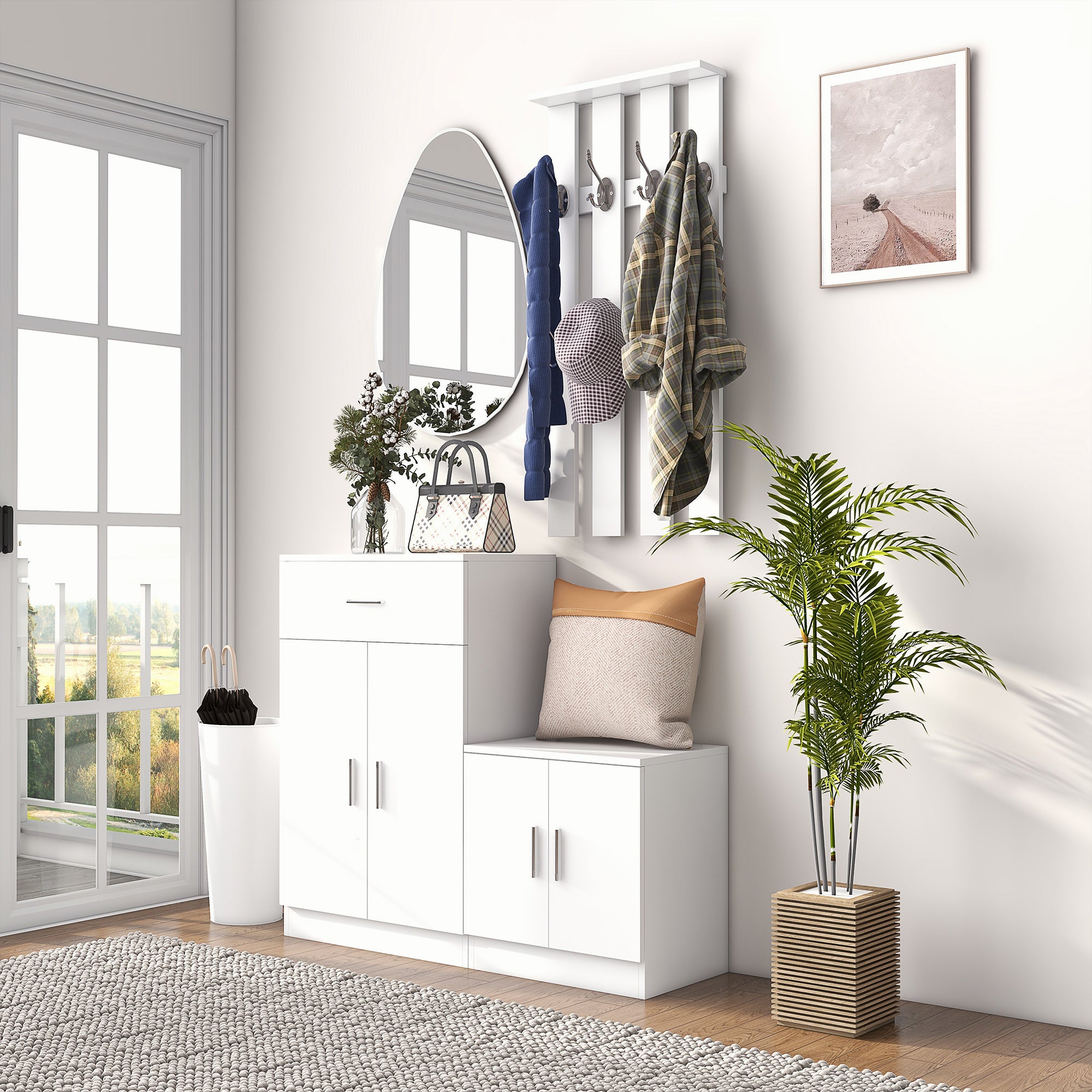 Appendiabiti Con Scarpiera 3 In 1 Warmiehomy: Armadio A 4 Ripiani In MDF E Metallo, 101x50x150 Cm, Bianco, Per Ingresso E Corridoio