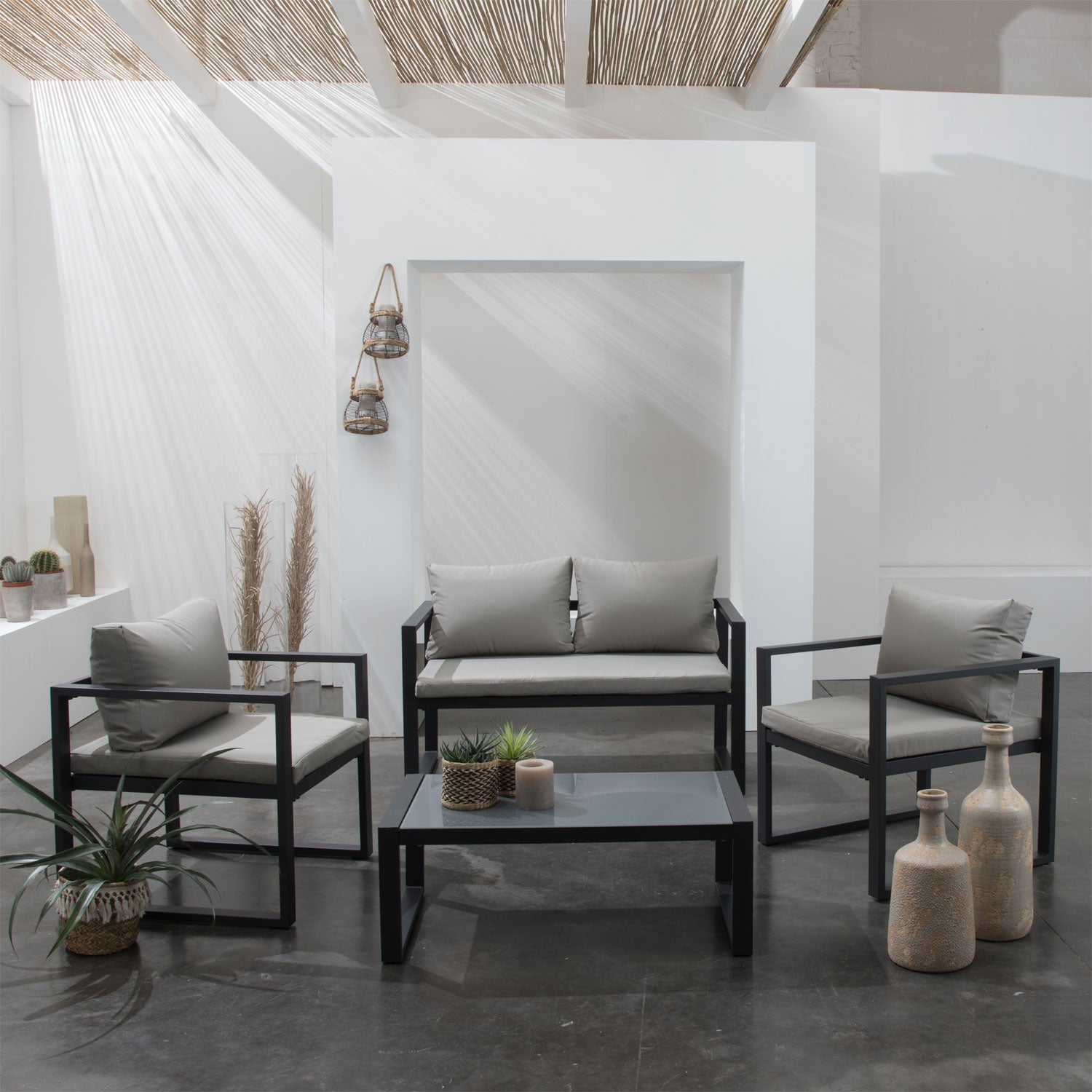 Salon Jardin Ibiza 4 Places - Gris Et Blanc - Aluminium Et Tissu - Table Verre Trempé