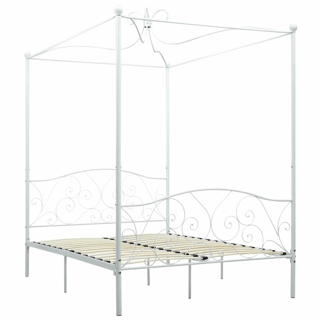Łóżko Metalowe Białe z Baldachimem Rama Łóżka Ze Stelażem Do Pokoju 140 x 200 cm