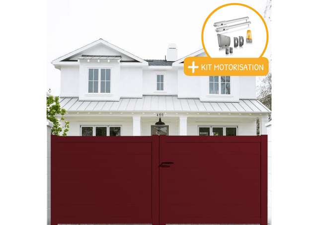 Portail aluminium battant plein en kit + Motorisation dimensions L.3500 (entre piliers) X H.1500 mm SGS Essential (vérins) Couleurs Rouge (RAL 3004)