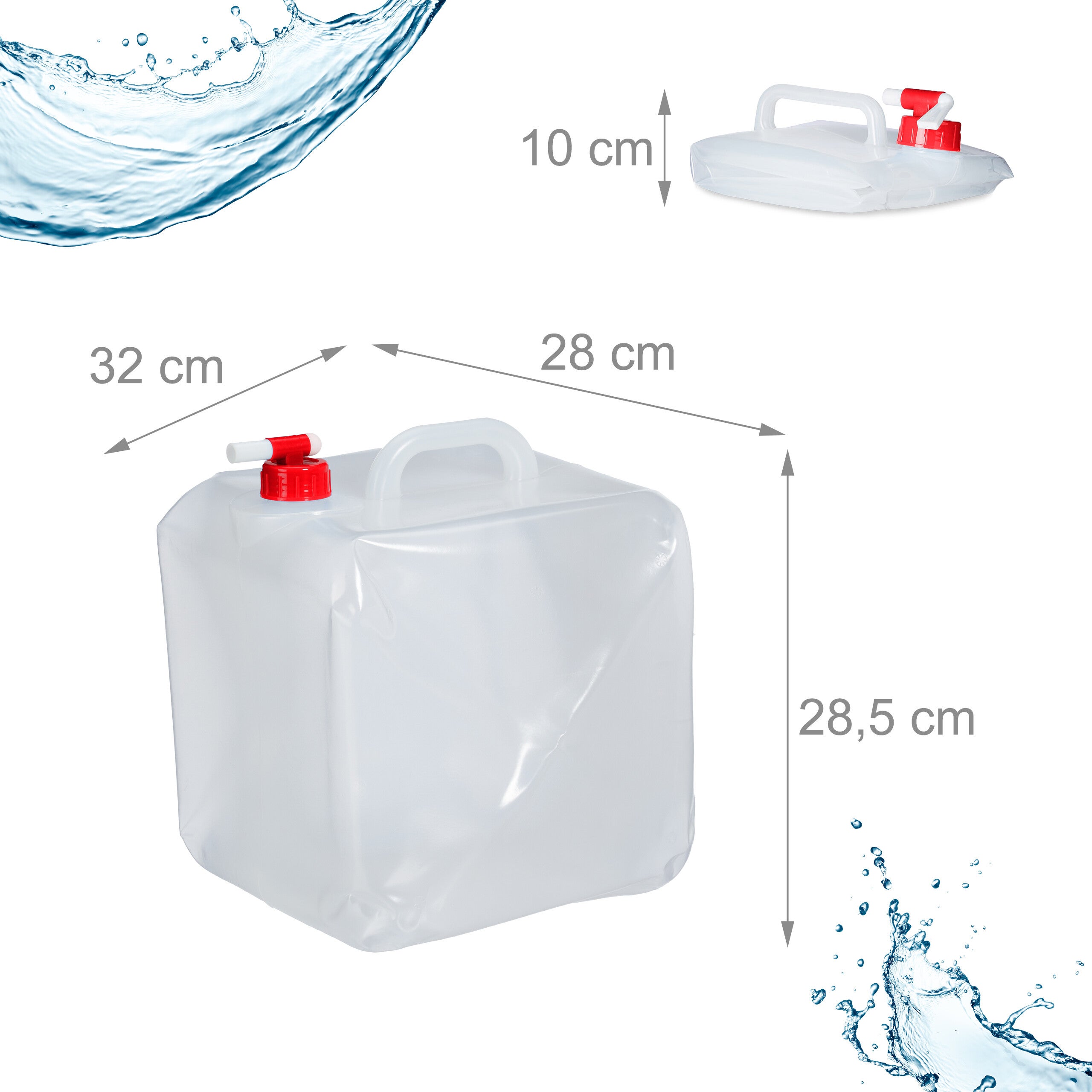 Conjunto de 4 garrafas dobráveis, 20 l, torneira, tampa, pega, água camping, BPA livre, transparente/vermelho, Relaxdays - 4