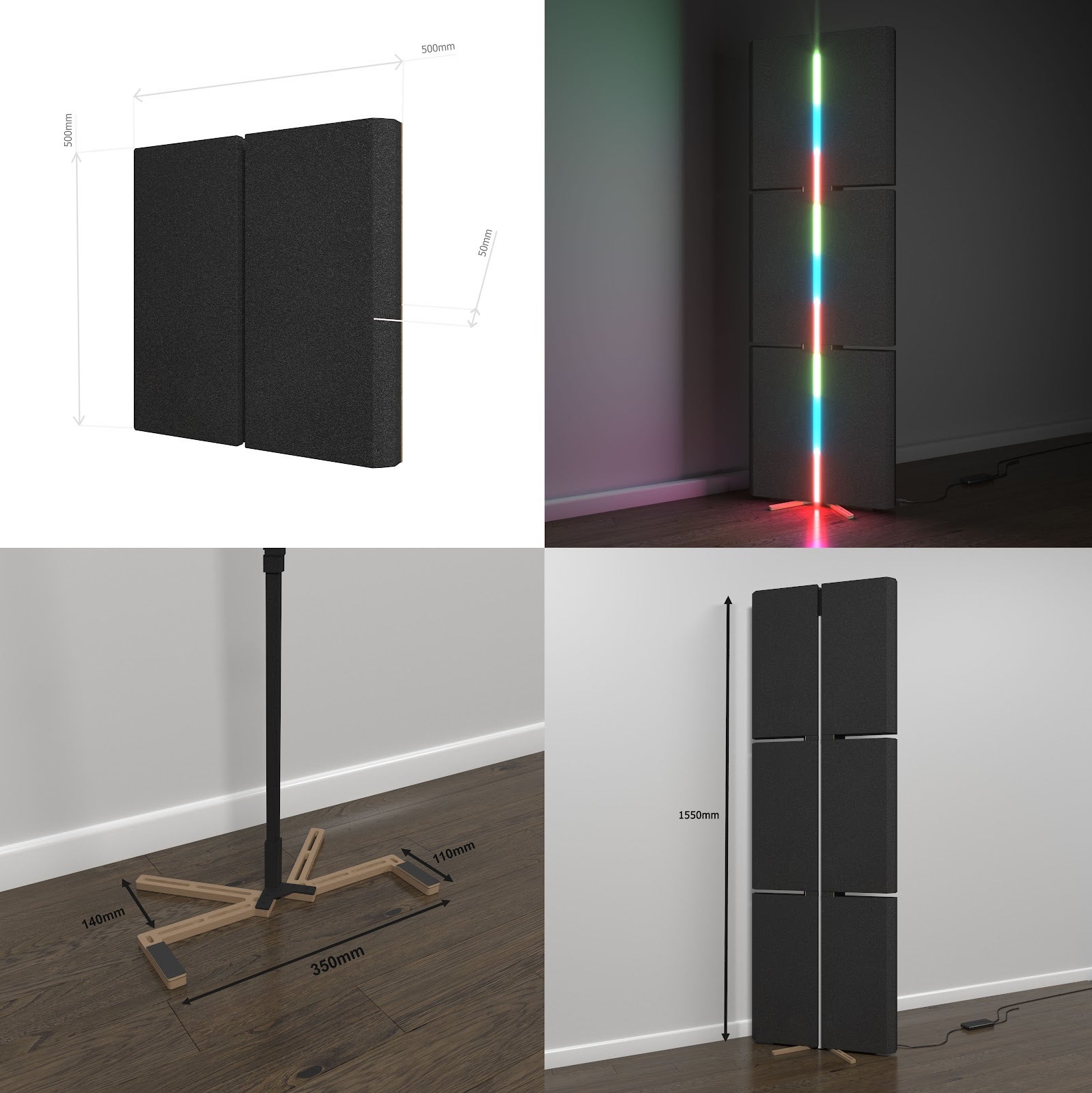 Lot de 3 panneaux acoustiques WAVE avec support de sol et rétroéclairage LED 150x50x5 cm -MDF perforé laminé et mousse acoustique -Sonoma - 3