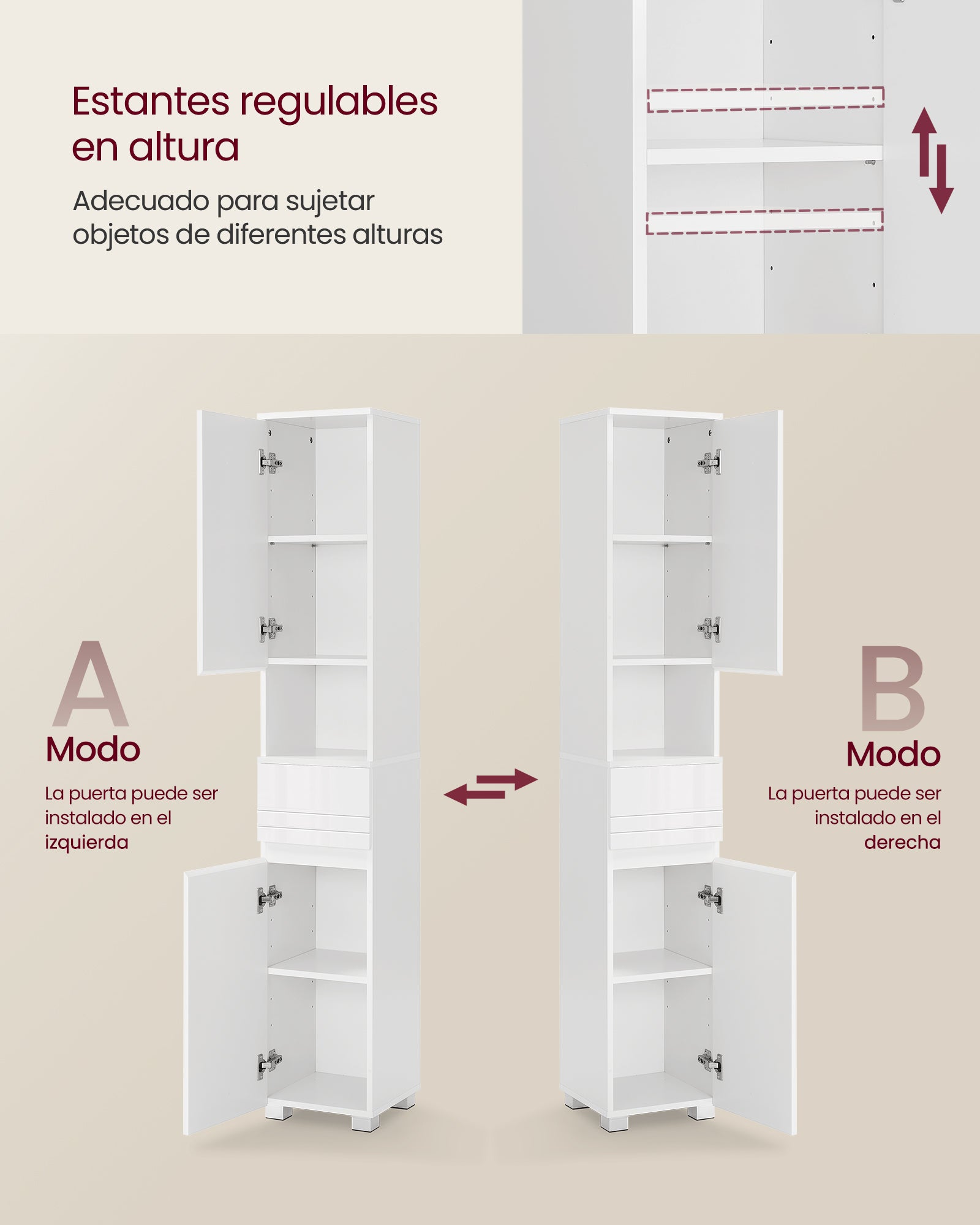 Mueble de baño con cajón y estantería, unidad de almacenamiento con compartimientos y estantes regulables, blanco - 4