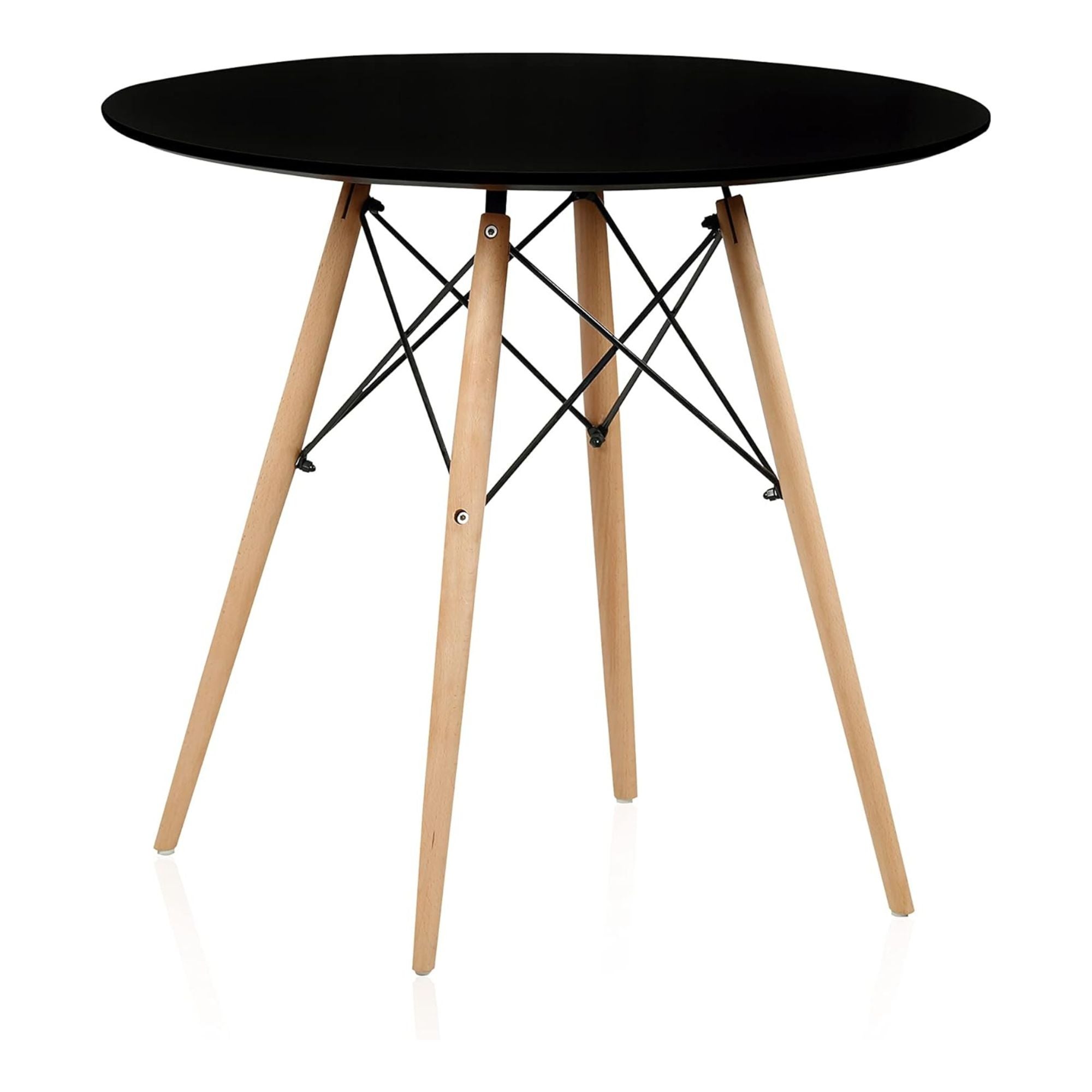 Okrągły stół kuchenny lub jadalny z drewnianymi nogami i czarnym blatem – 80 cm średnicy i 75 cm wysokości.