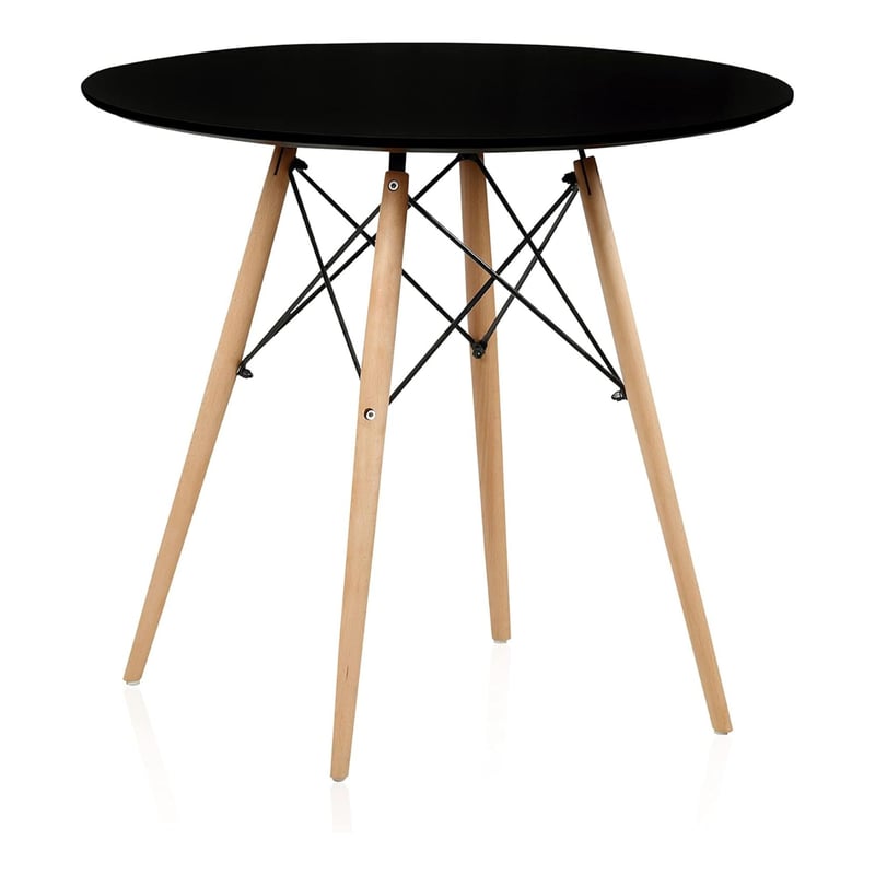 Okrągły stół kuchenny lub jadalny z drewnianymi nogami i czarnym blatem – 80 cm średnicy i 75 cm wysokości.