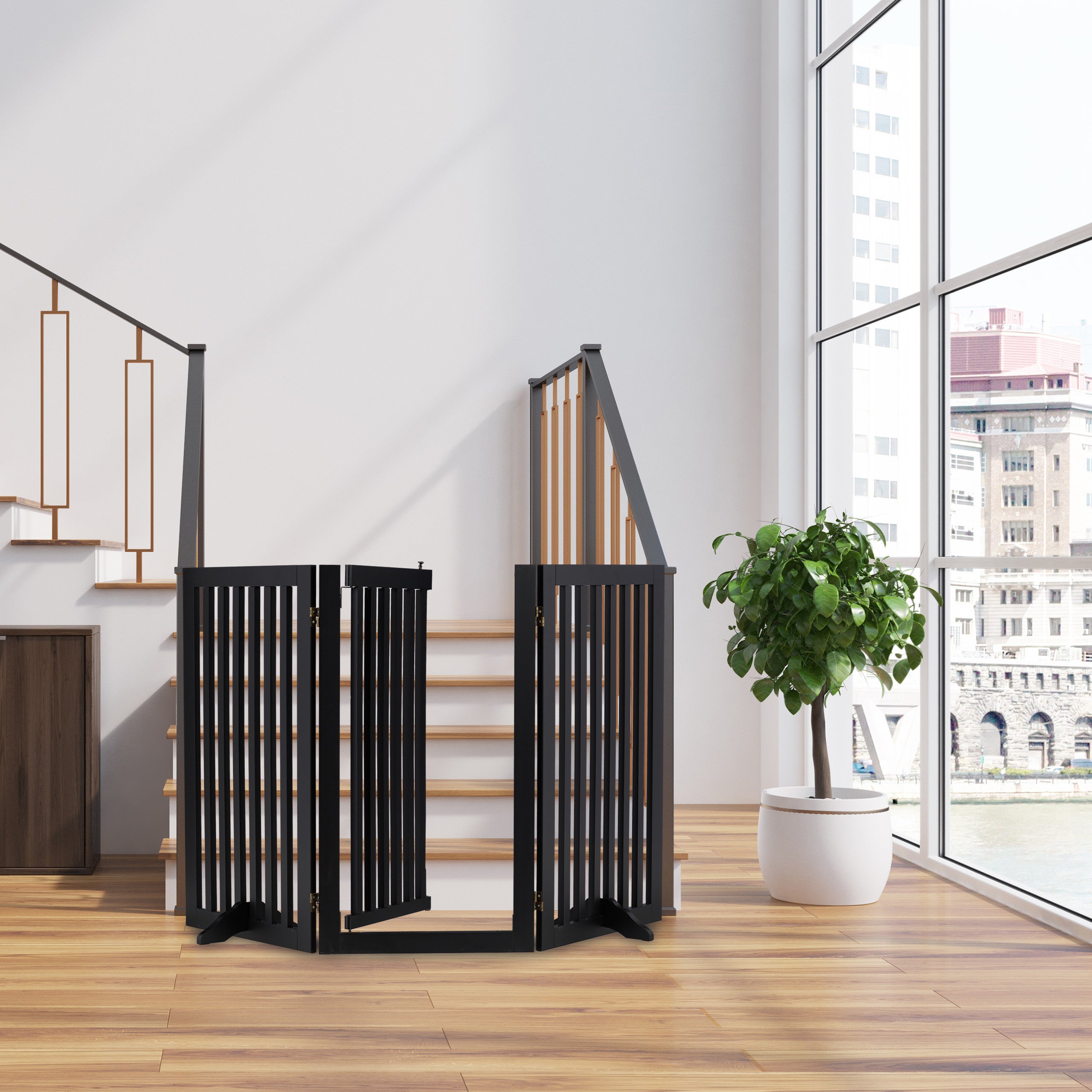 Barrière de sécurité pour chiens à 3 panneaux, pliable et autoportante, avec porte et pieds, en MDF noir, 92 x 154 x 30 cm, Relaxdays - 2