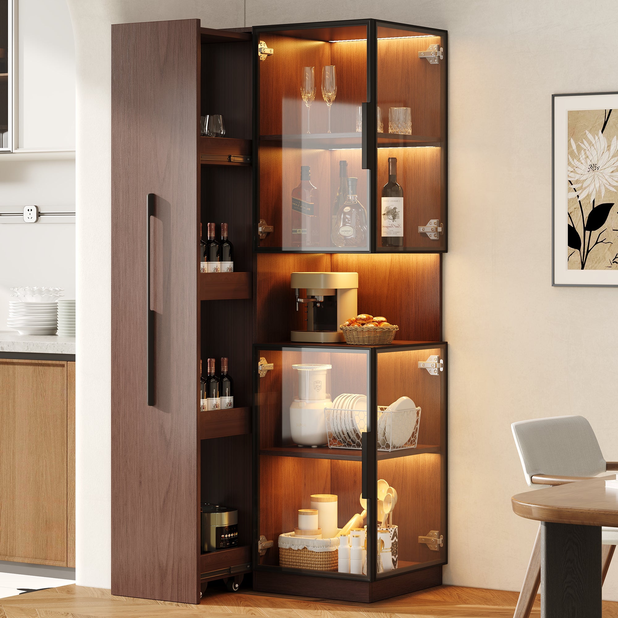 Witryna szklana z oświetleniem LED Bluetooth, 4 drzwiami i przesuwanymi półkami - 70 x 38 x 160 cm - MDF i szkło hartowane - orzech