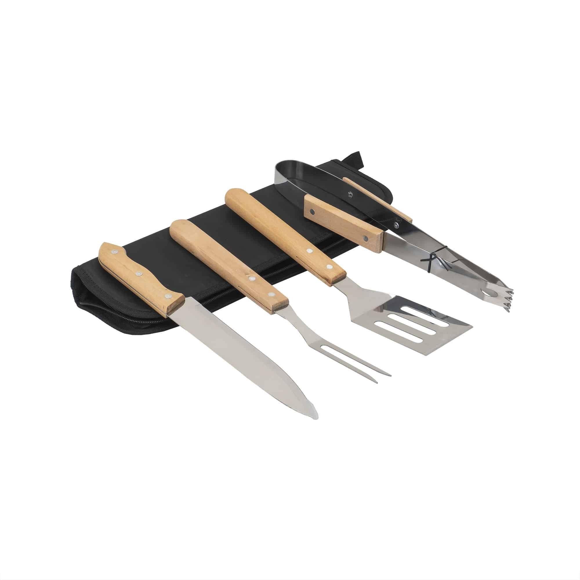 Set 4 piese din inox si maner de lemn, pentru gratar plus borseta depozitare / ZTS 8337 4buc