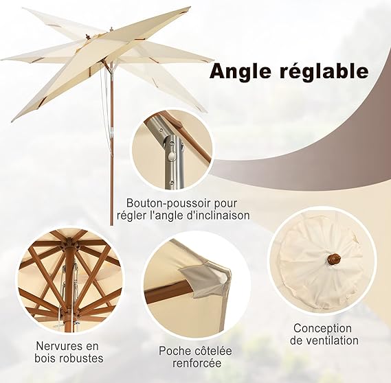 parasol inclinable ø2,7m toile polyester imperméable avec cordon de serrage 8 baleines ventilation pour jardin cour beige - 2