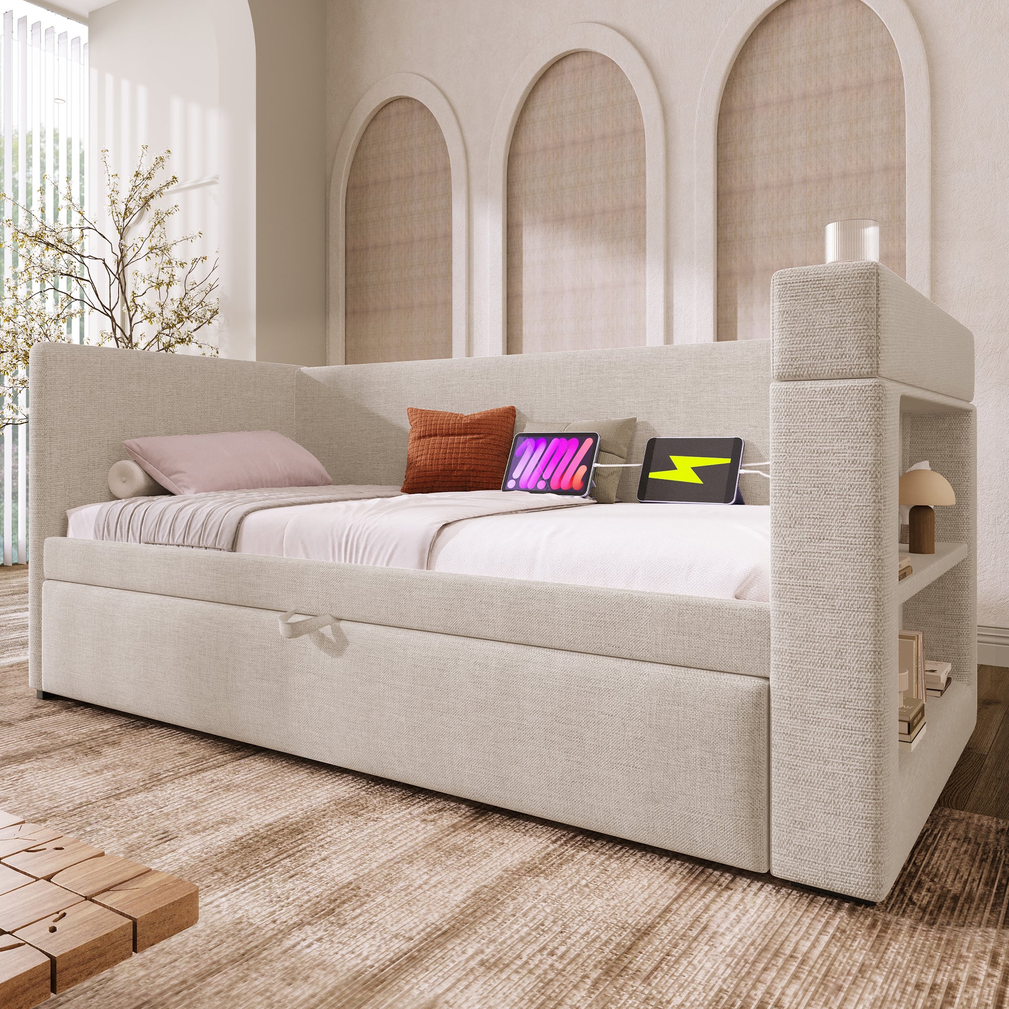 Tapicerka leżanka 90x190 cm - z łóżkiem wysuwanym 90x190 cm - z USB i Type-C - z uchwytem na kubek - Beżowa (bez materaca)